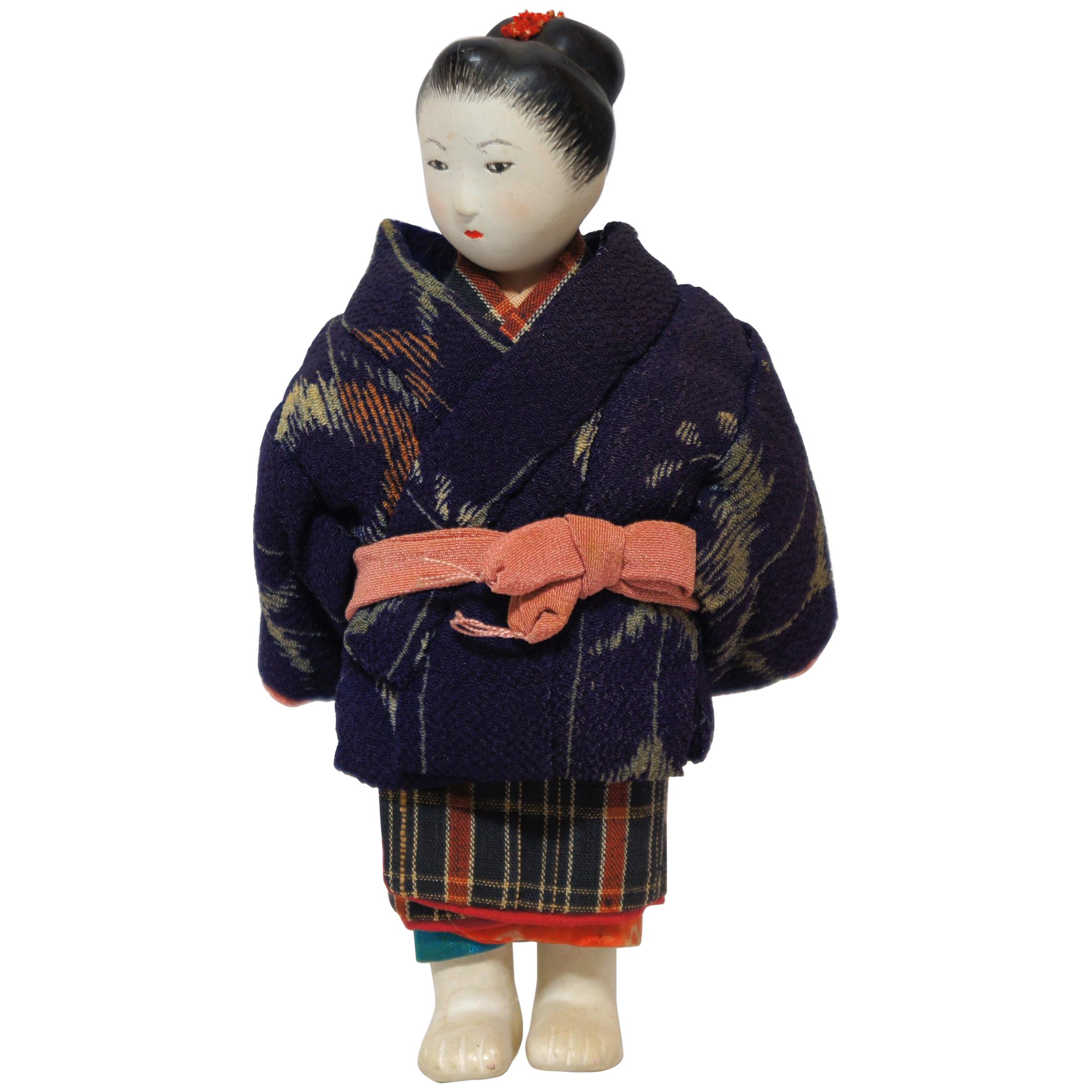 Japanese Kimekomi Child Doll Wearing Silk Kimono, Style of Taisho Romence, 1920s For Sale