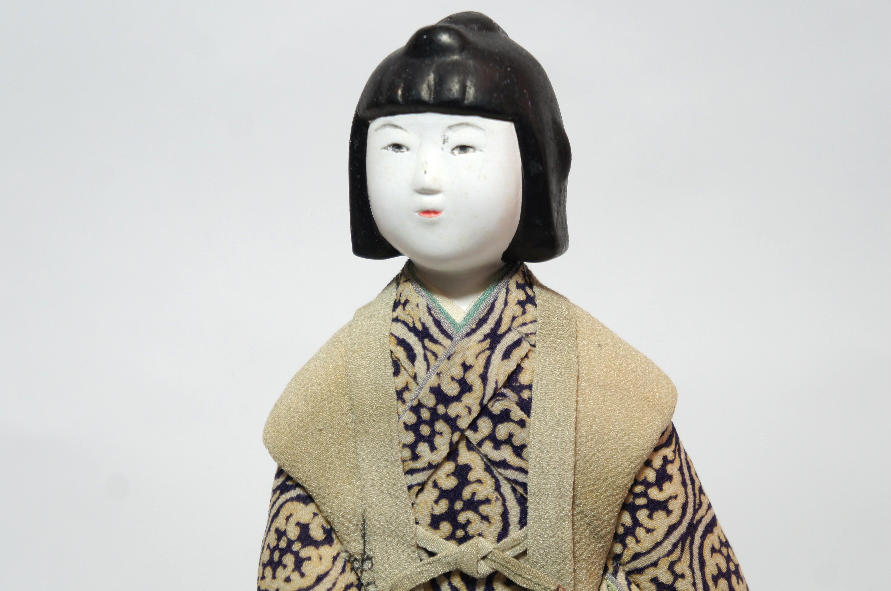 20th Century Japanese Kimekomi Doll Wearing Silk Kimono, Style of Taisho Romance, 1920s