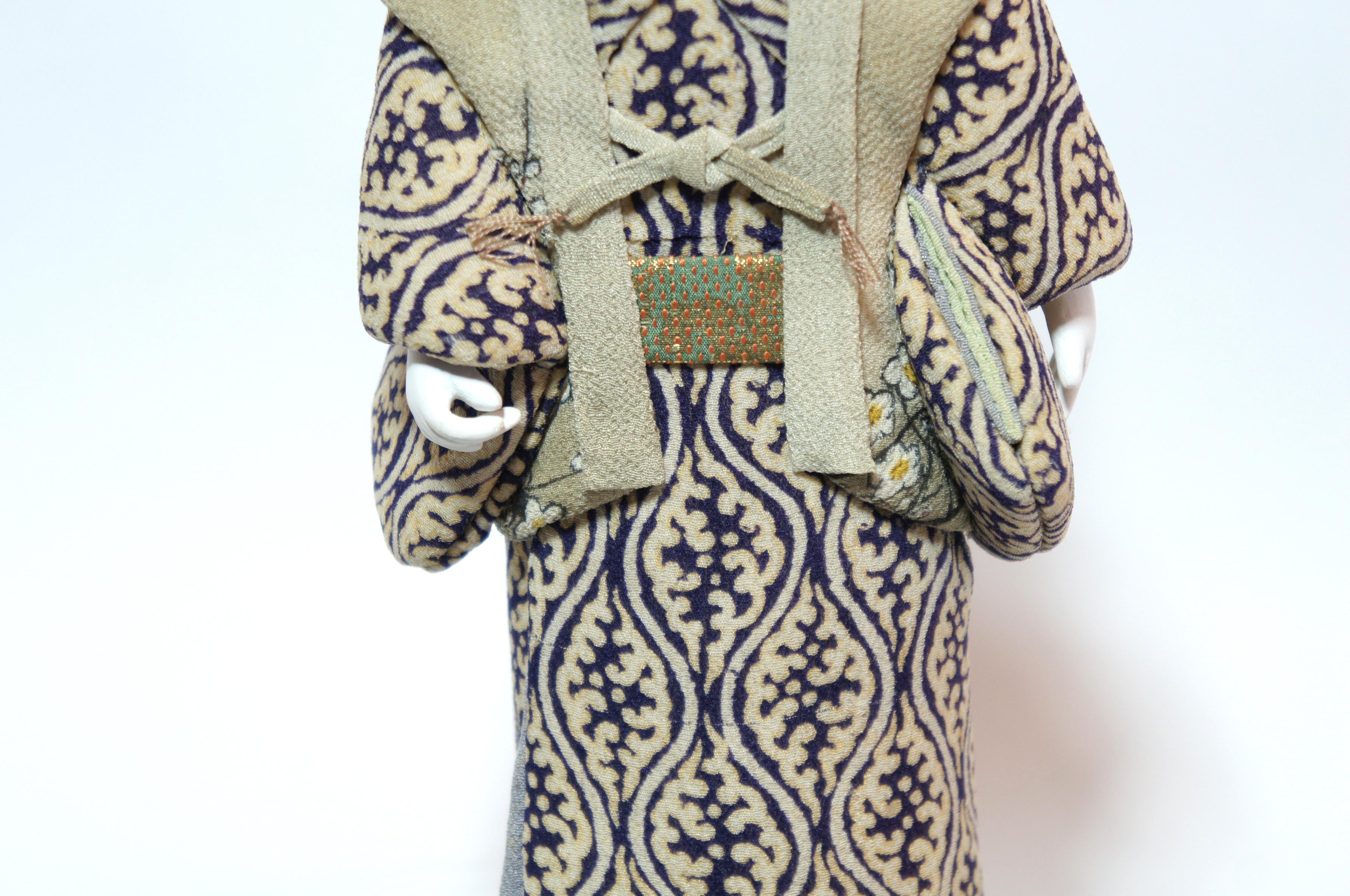 Japanese Kimekomi Doll Wearing Silk Kimono, Style of Taisho Romance, 1920s 2