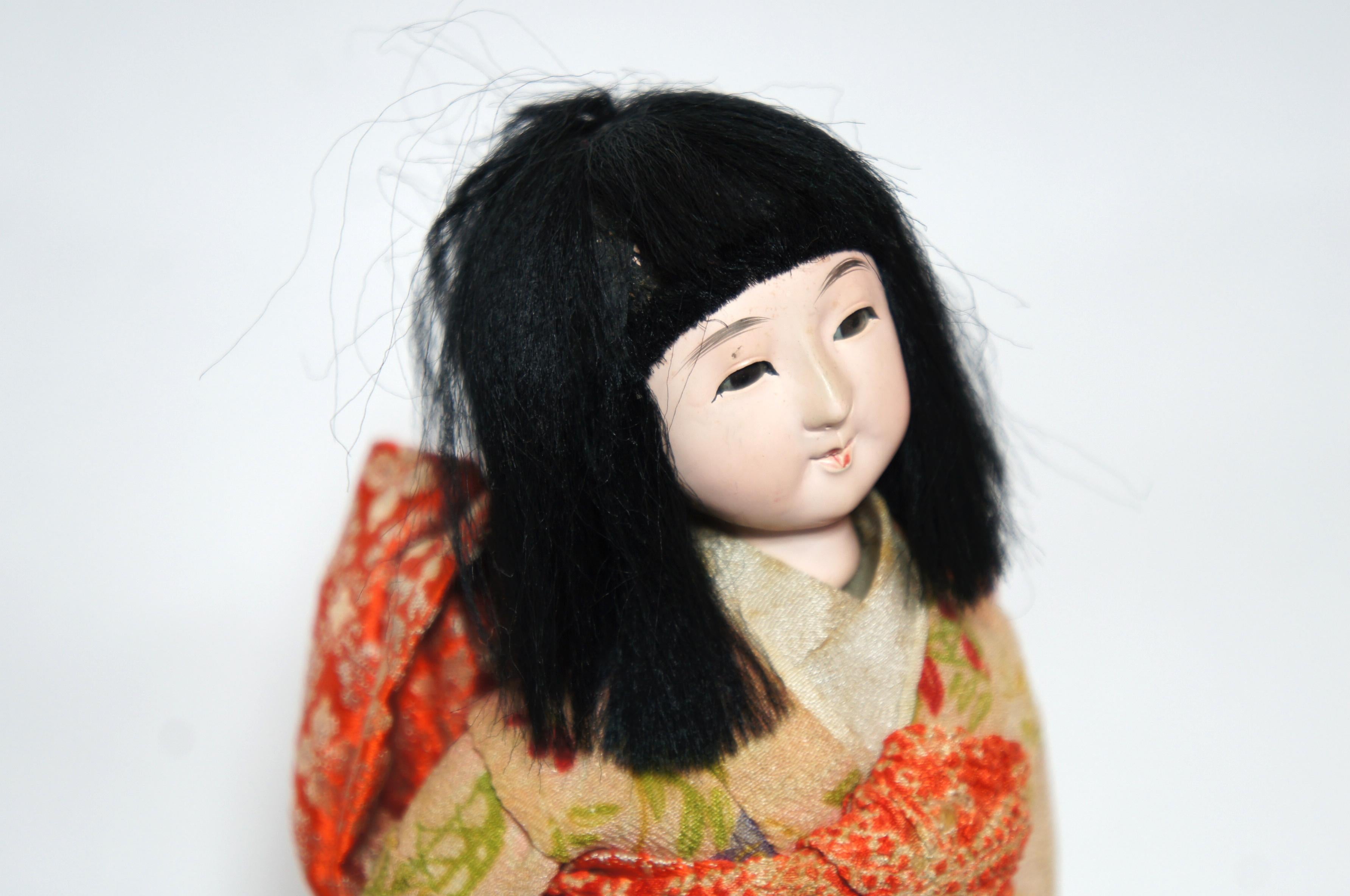Japanese Kimekomi Girl Doll Wearing Silk Kimono, Style of Taisho Romence, 1920s For Sale 11