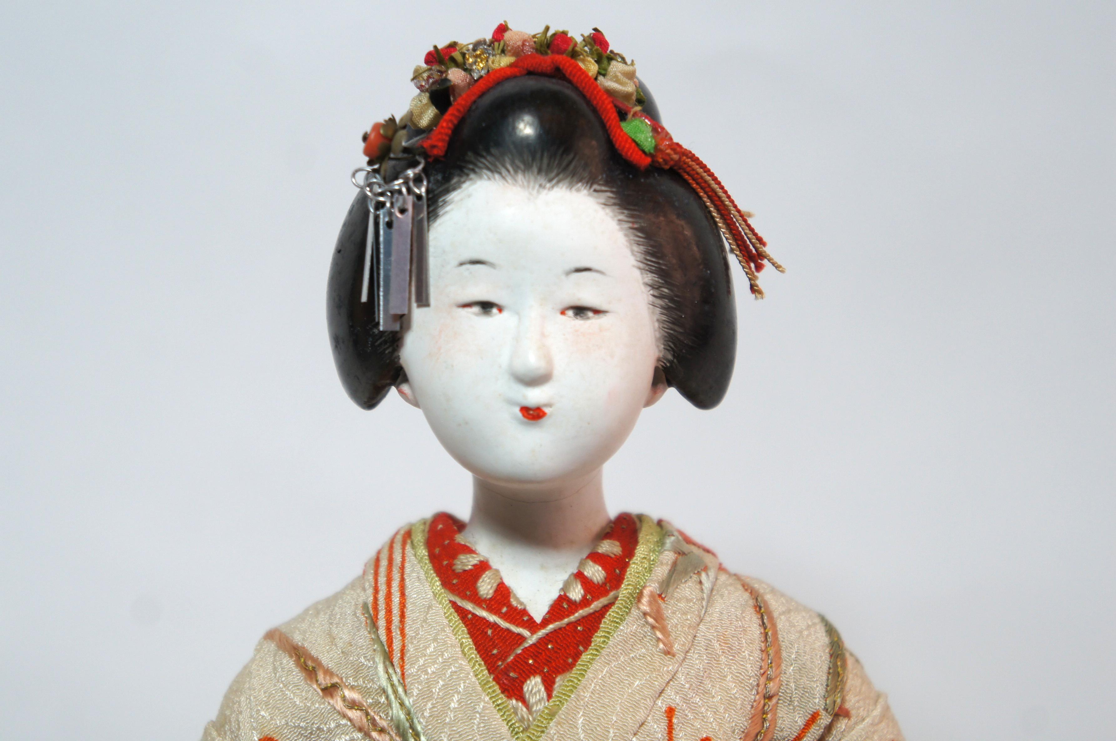 Hand-Crafted Japanese Kimekomi Girl Doll Wearing Silk Kimono, Style of Taisho Romence, 1920s For Sale