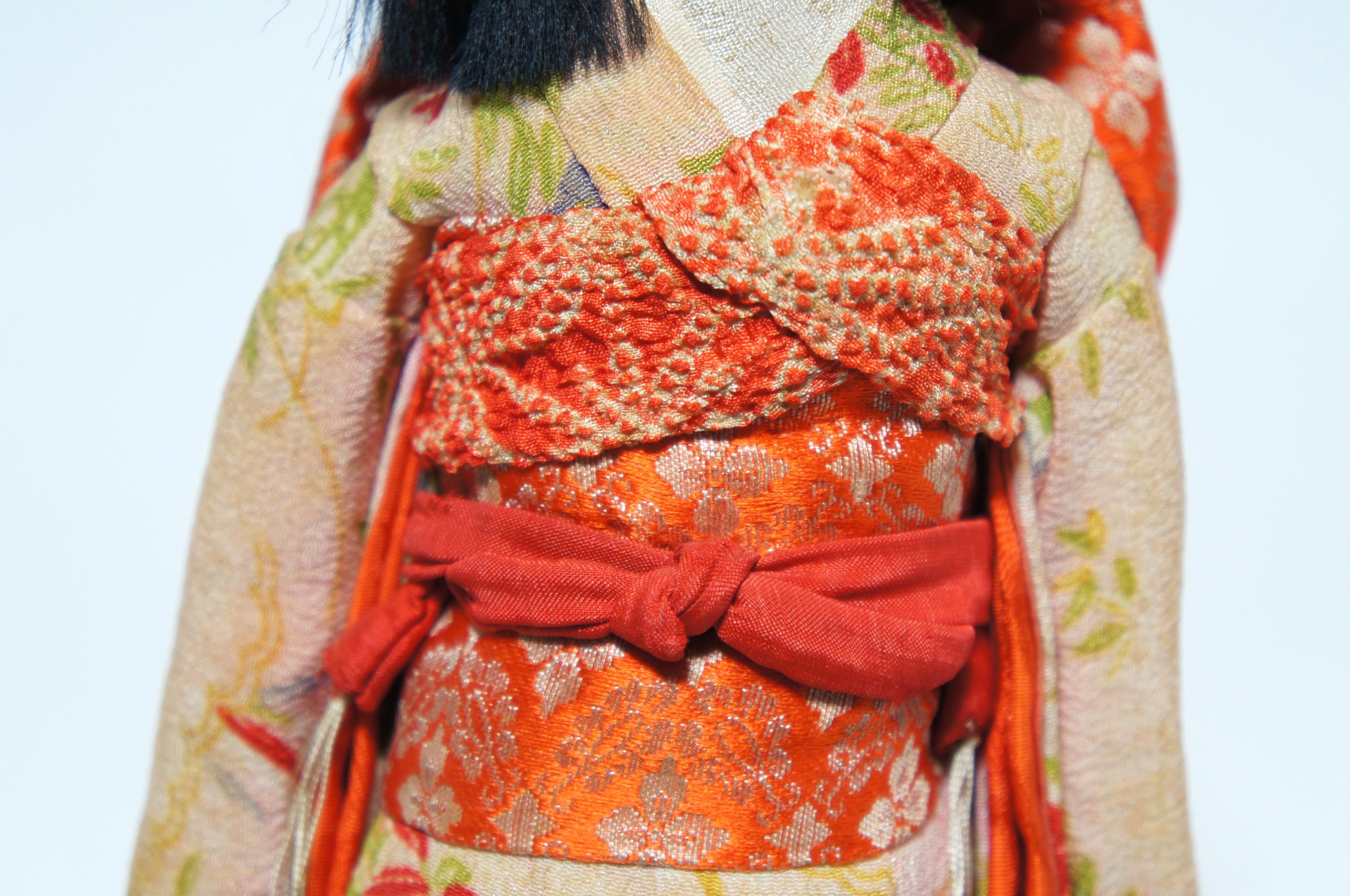 Hand-Crafted Japanese Kimekomi Girl Doll Wearing Silk Kimono, Style of Taisho Romence, 1920s For Sale