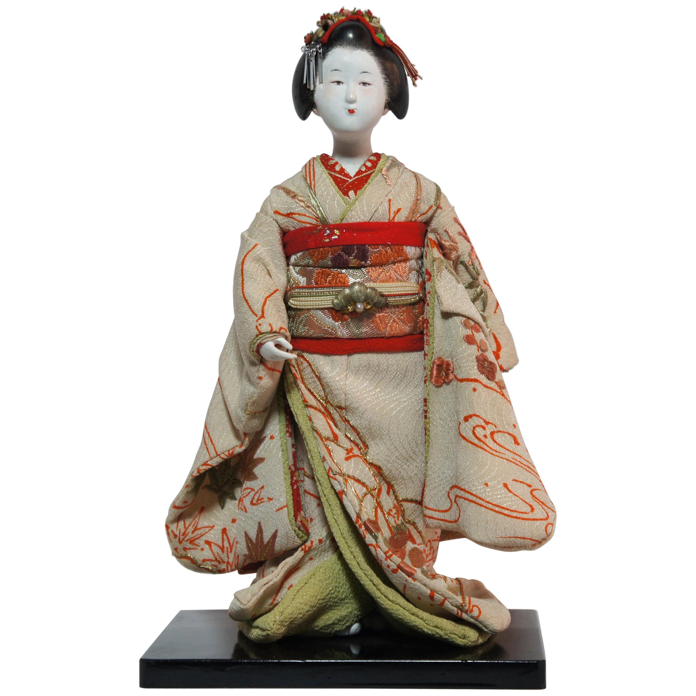 Japanese Kimekomi Girl Doll Wearing Silk Kimono, Style of Taisho Romence, 1920s For Sale