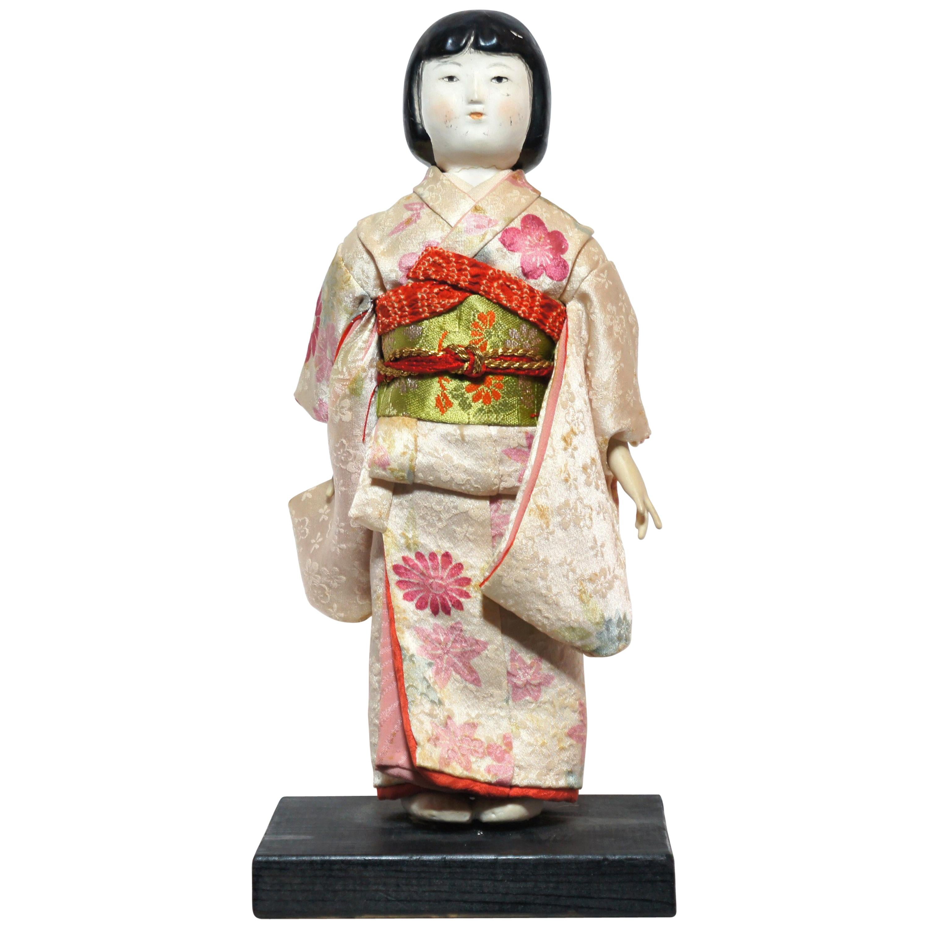 Japanese Kimekomi Girl Doll Wearing Silk Kimono, Style of Taisho Romence, 1920s For Sale