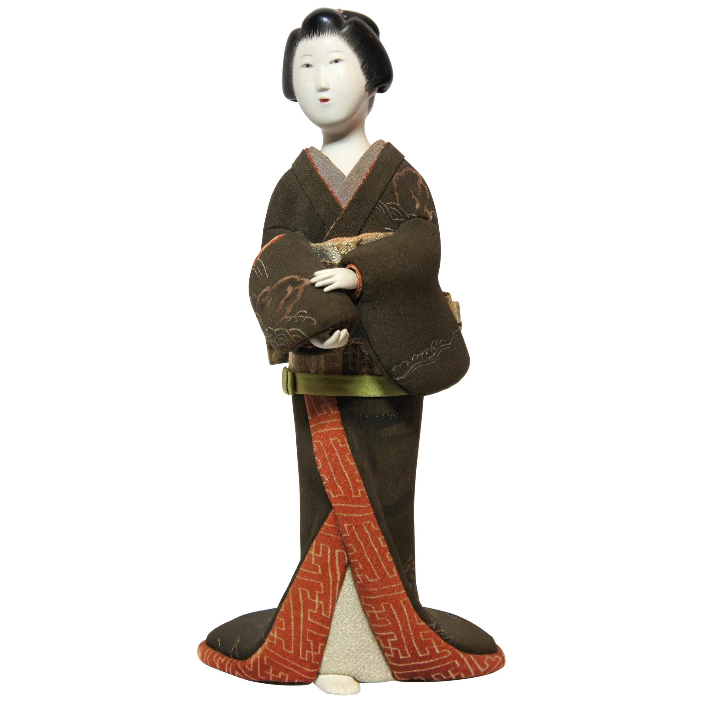 Japanese Kimekomi Woman Doll Wearing Silk Kimono, Style of Taisho Romance, 1920s For Sale