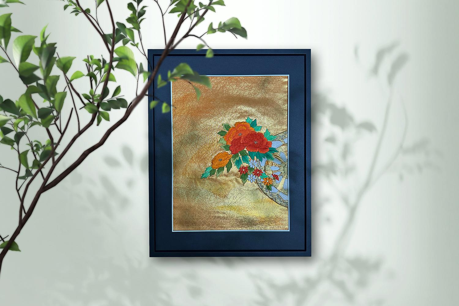 Hand-Crafted Japanese Art / Kimono Art / Asian Art / Wall Art, -Golden Flower Chariot- For Sale