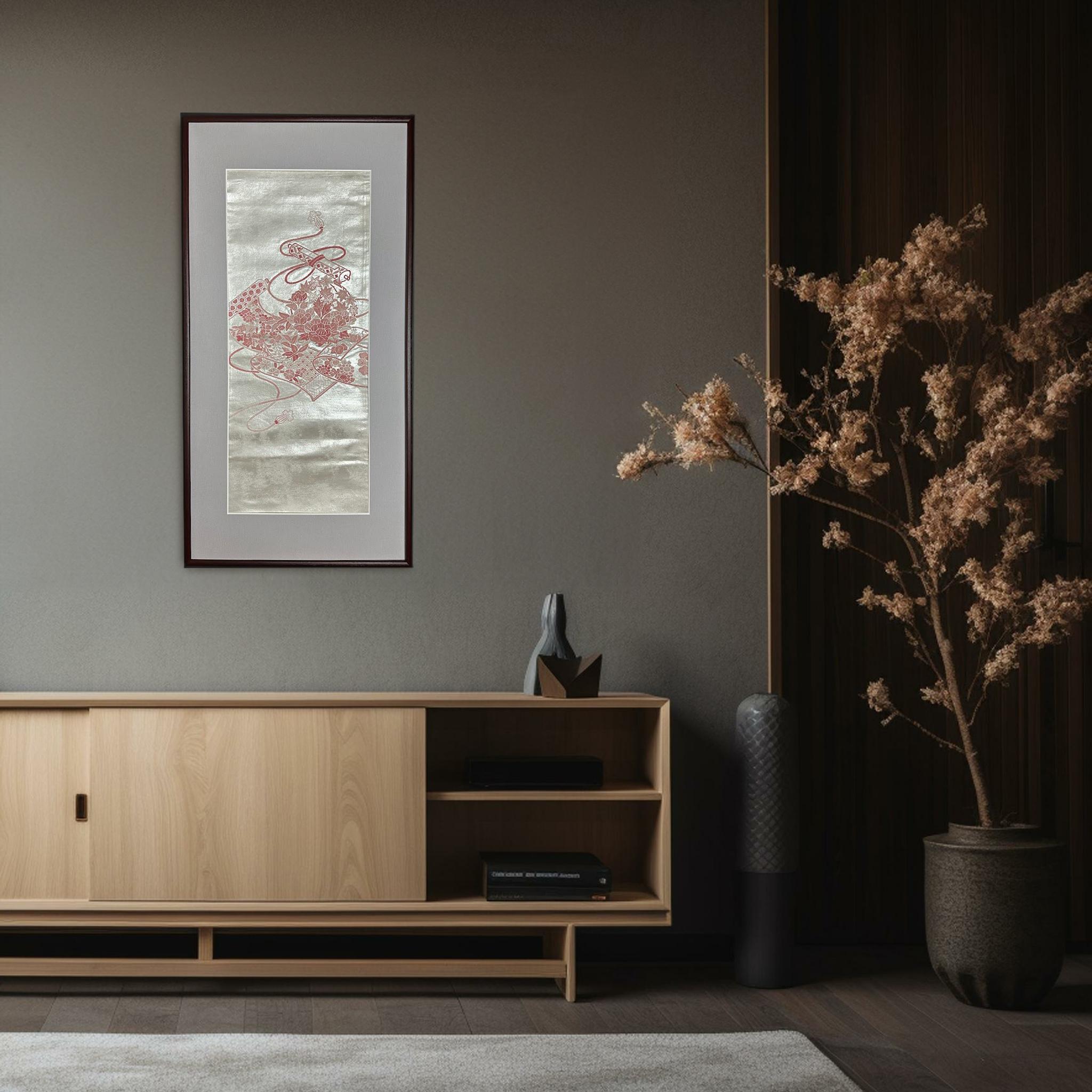  Exquisite Kimono Wall Art by Kimono-Couture
Title:Peony Scroll

Indulge in the enchantment of our Kimono Wall Art, meticulously framed with a premium Japanese Kimono Obi of unparalleled quality.

The kimono obi used in this masterpiece showcases