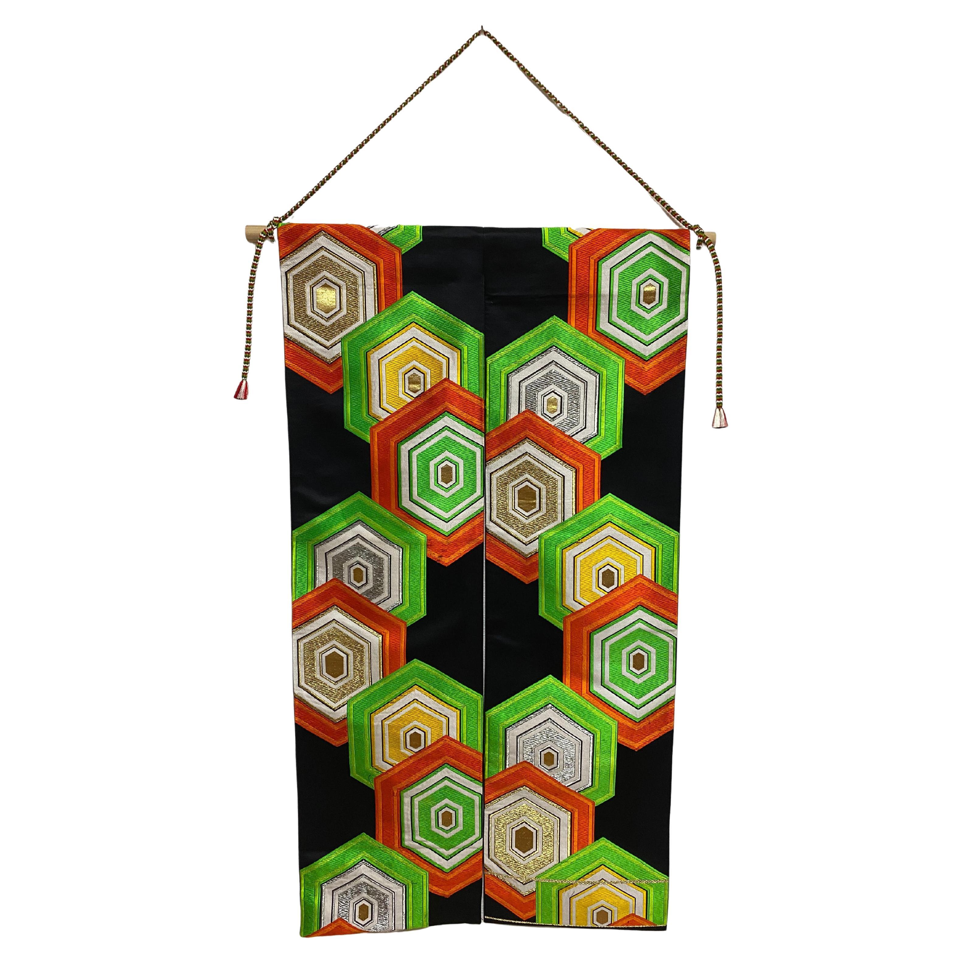 Japanese Kimono Art / Kimono Tapestry,  Hexagonal Pattern (Jet Black) For Sale
