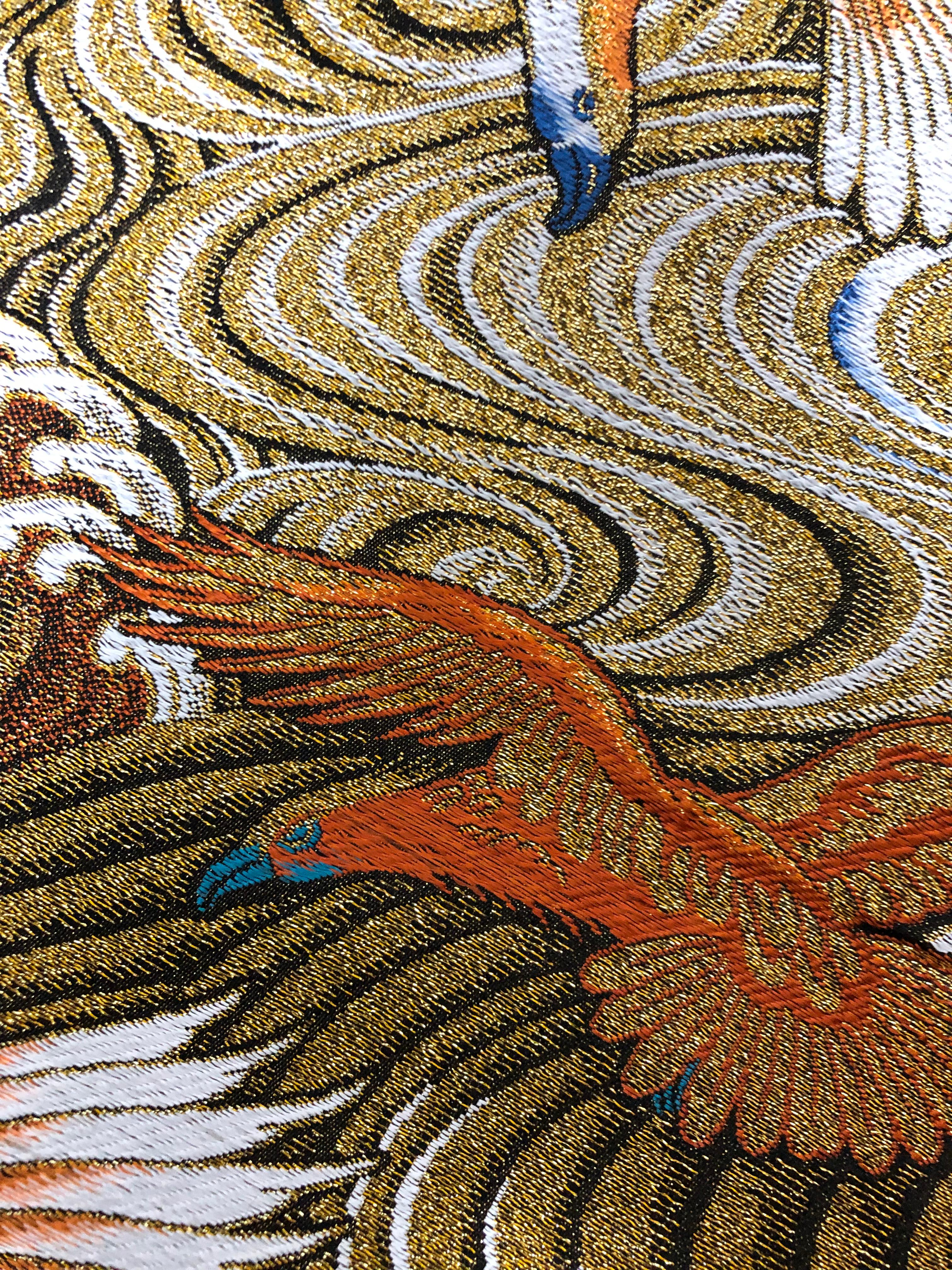 Hand-Crafted Japanese Kimono Art / Kimono Wall Art, Golden Migratory Birds