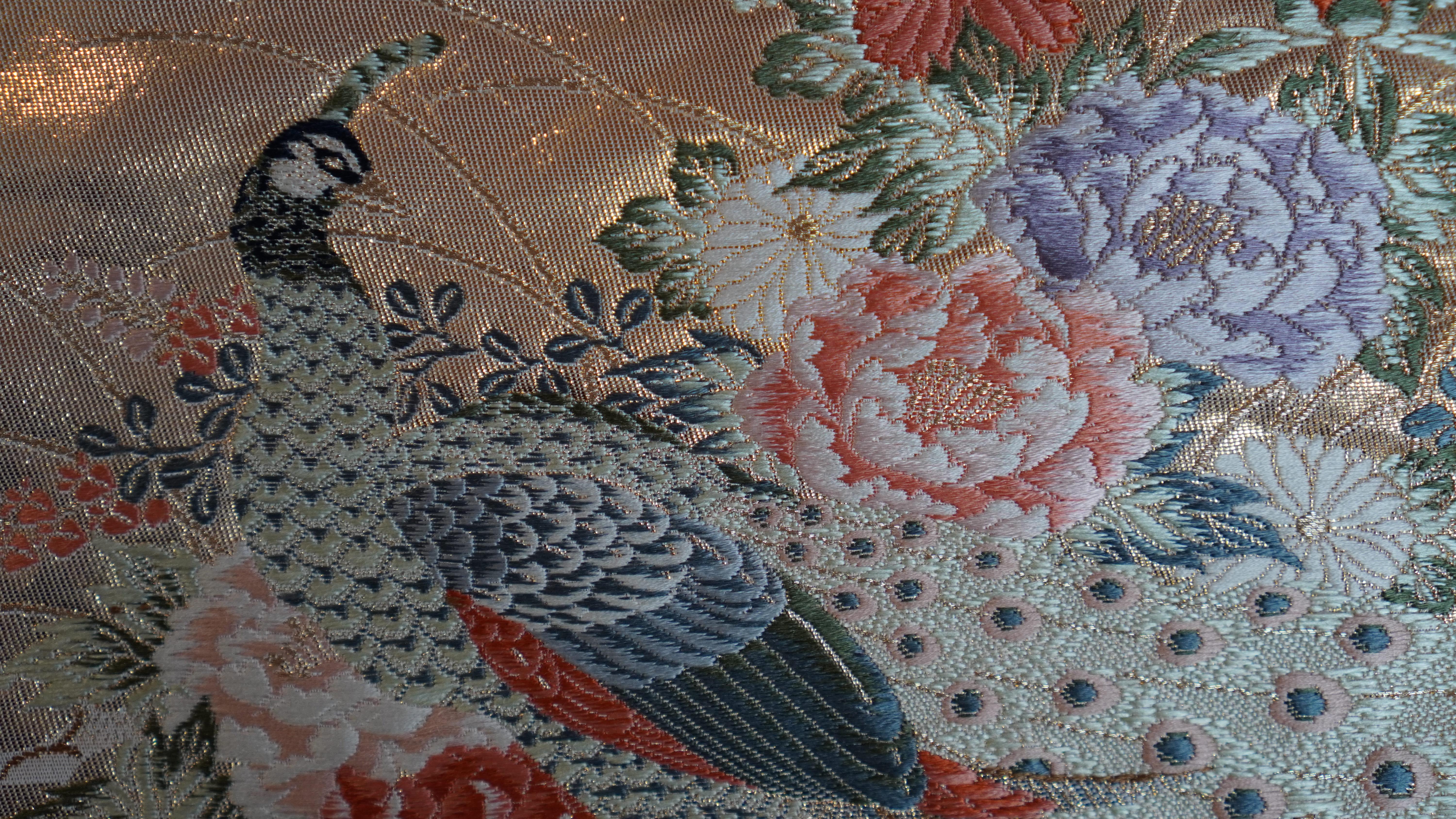 Silk Japanese Kimono Art / Kimono Wall Art, the Queen of Peacocks For Sale