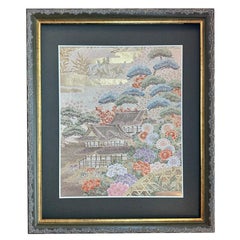 Japanese Kimono Art / Wall  Decoration -Temple Garden in a Riot of Blooms-