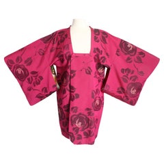Japanese Kimono Jacket or Haori Magenta Cotton Florals Trailing Sleeves 