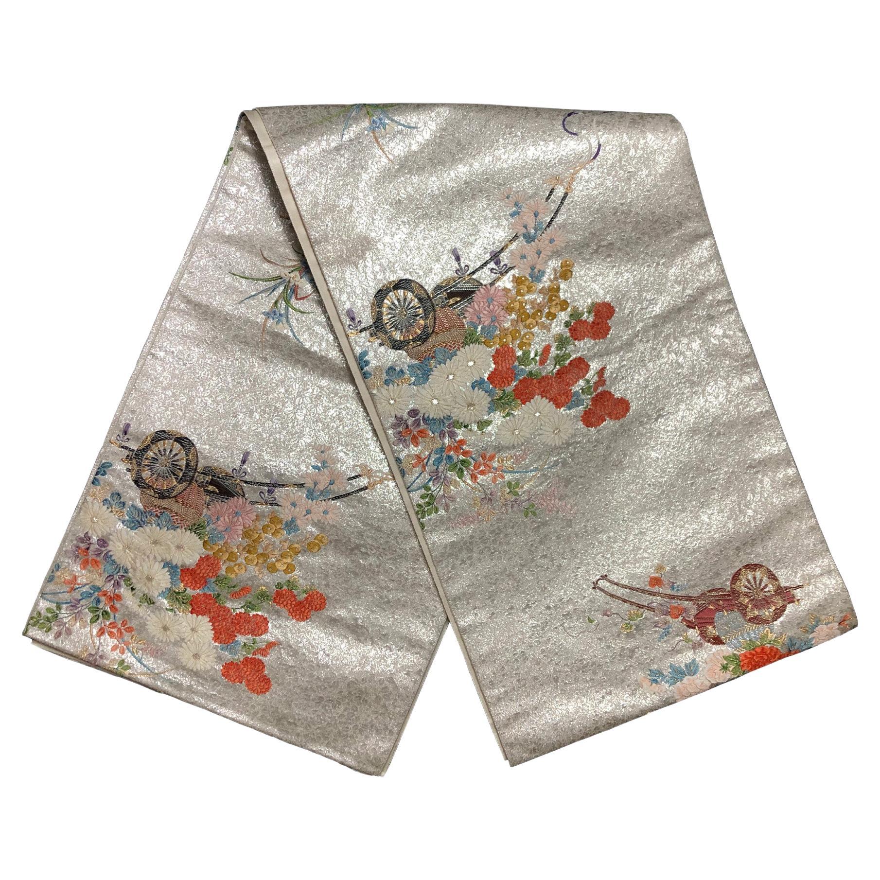 Japanese Kimono Obi, "Serenity of Silver World", Silk Textile For Sale