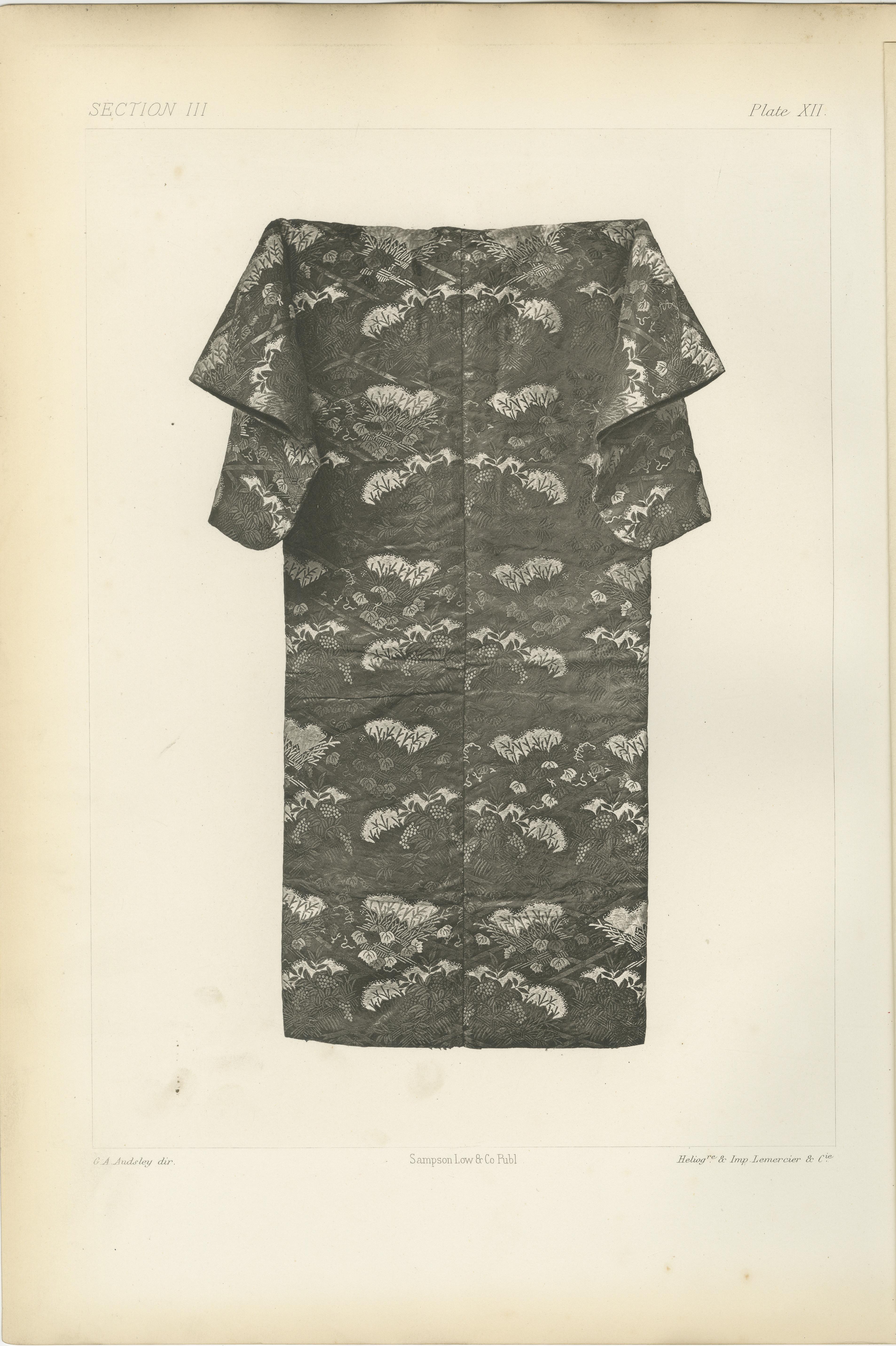 Kimonos japonais à motifs de Nature : Héliogravures anciennes, 19e siècle

Cette compilation saisissante présente deux héliogravures exquises du XIXe siècle représentant des kimonos japonais traditionnels, chacun orné de motifs complexes qui