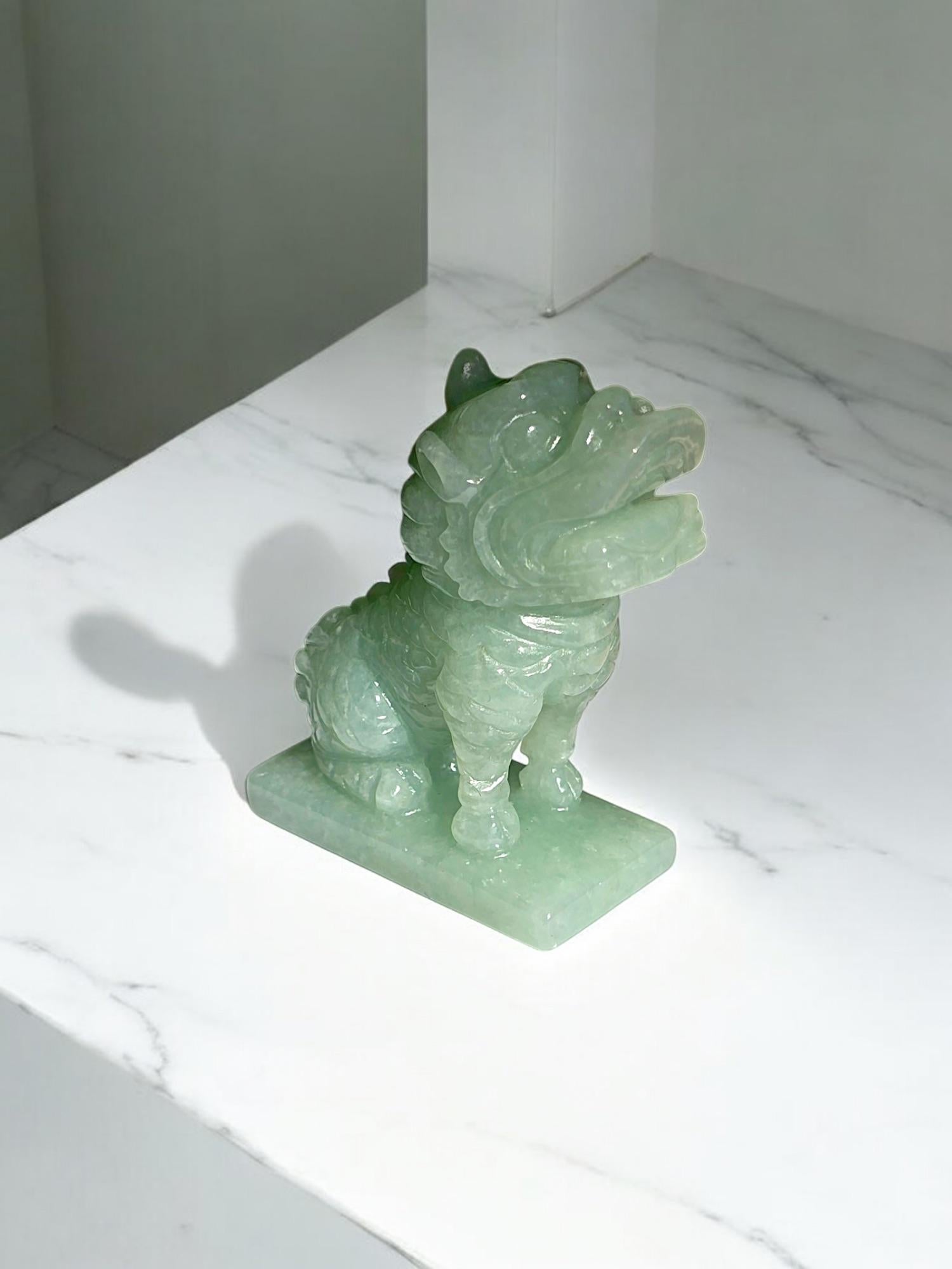 Japanese Kirin Carved Burmese A-Jadeite Green Ornament Showpiece with Stand For Sale 5