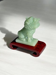 Japanese Kirin Carved Burmese A-Jadeite Green Ornament Showpiece with Stand