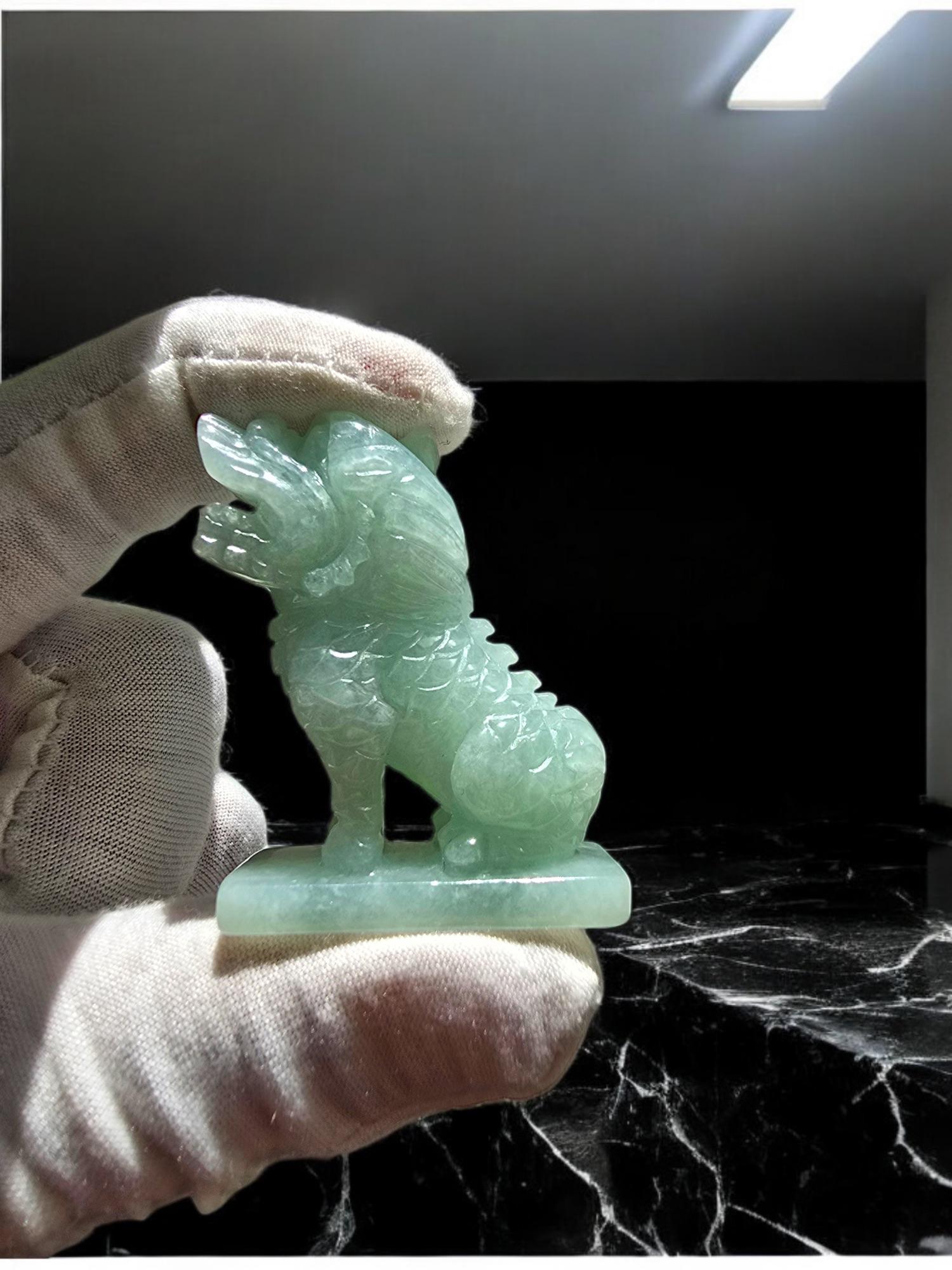 Ball Cut Japanese Kirin Carved Burmese A-Jadeite Green Ornament Showpiece with Stand For Sale