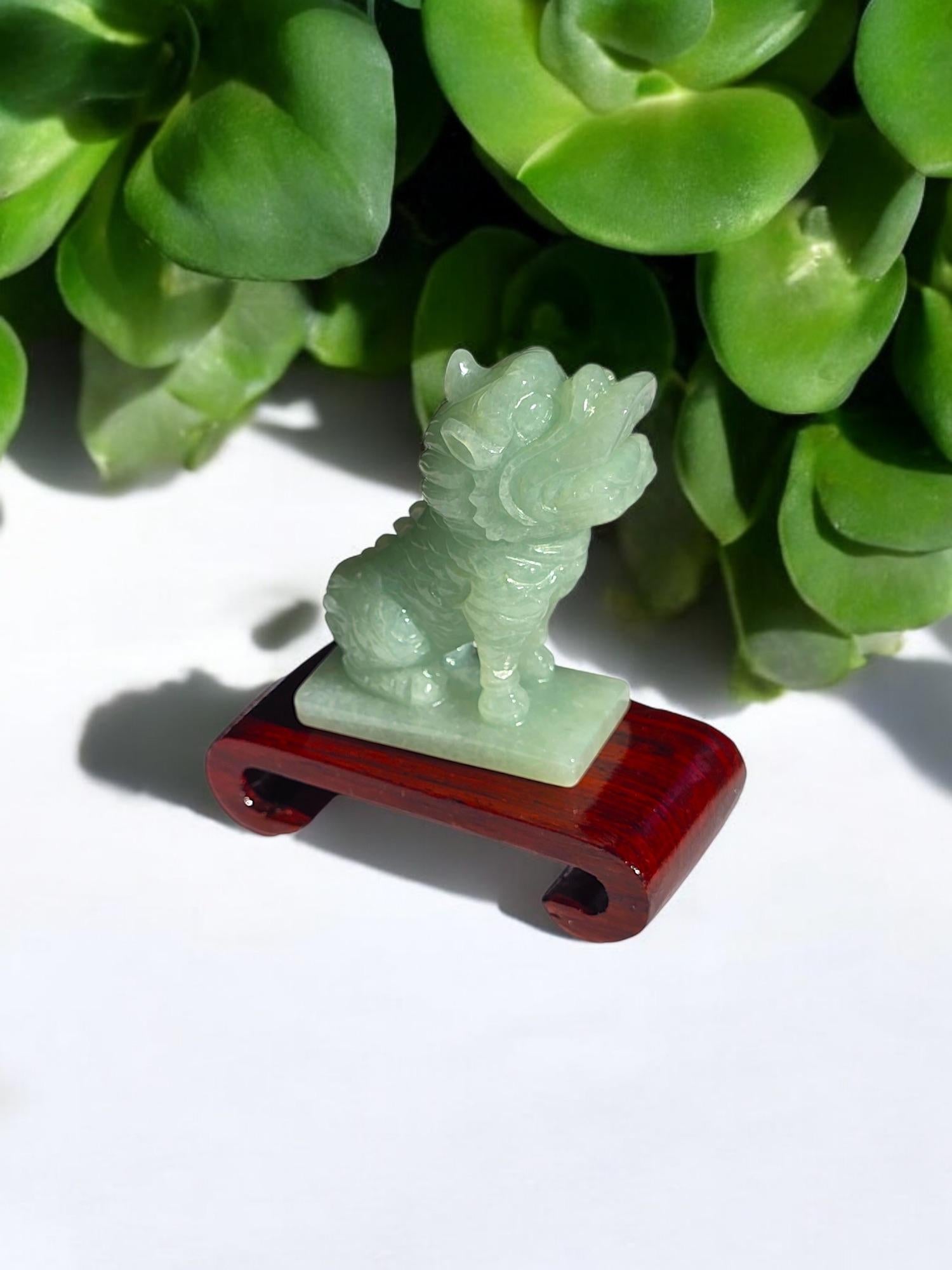 Women's or Men's Japanese Kirin Carved Burmese A-Jadeite Green Ornament Showpiece with Stand For Sale