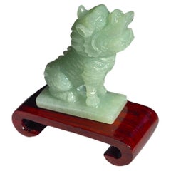 Japanese Kirin Carved Burmese A-Jadeite Green Ornament Showpiece with Stand