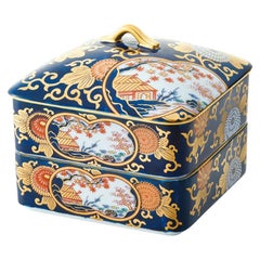 Japanese Ko-Imari Gilded Two-Tiered Lidded Decorative Porcelain Box