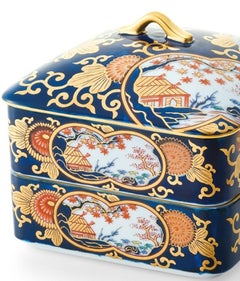 Japanese Ko-Imari Gold Blue Two-Tiered Lidded Porcelain Box