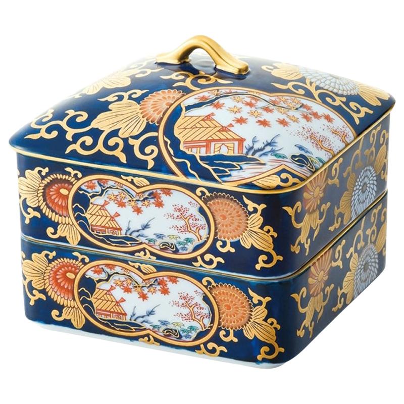 Japanese Ko-Imari Gold Blue Two-Tiered Lidded Porcelain Box