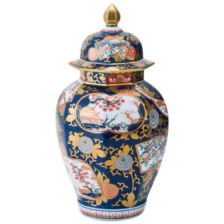 Japanese Contemporary Blue Red Ko-Imari Porcelain Lidded Temple Jar