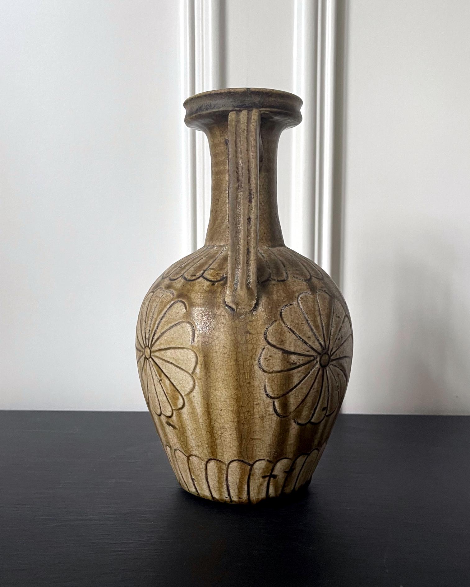 Glazed Japanese Ko-Seto Stoneware Ewer with Carved Design For Sale
