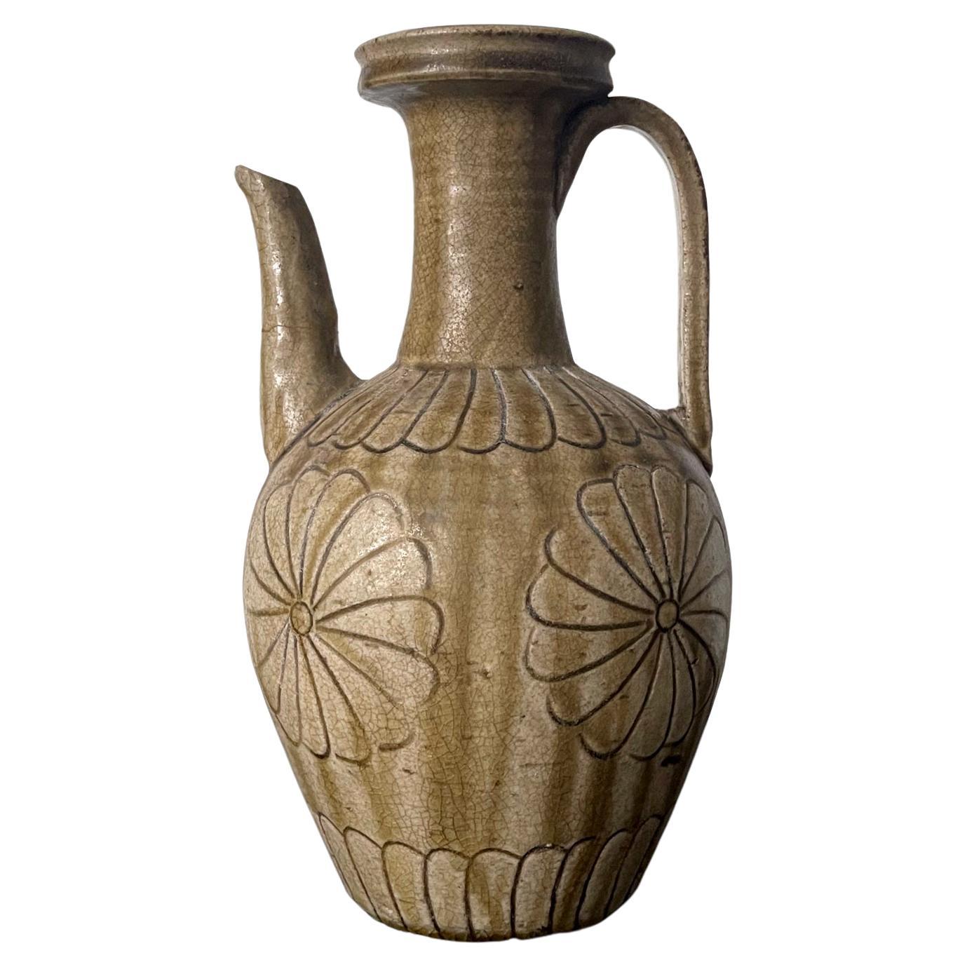 Japanese Ko-Seto Stoneware Ewer with Carved Design