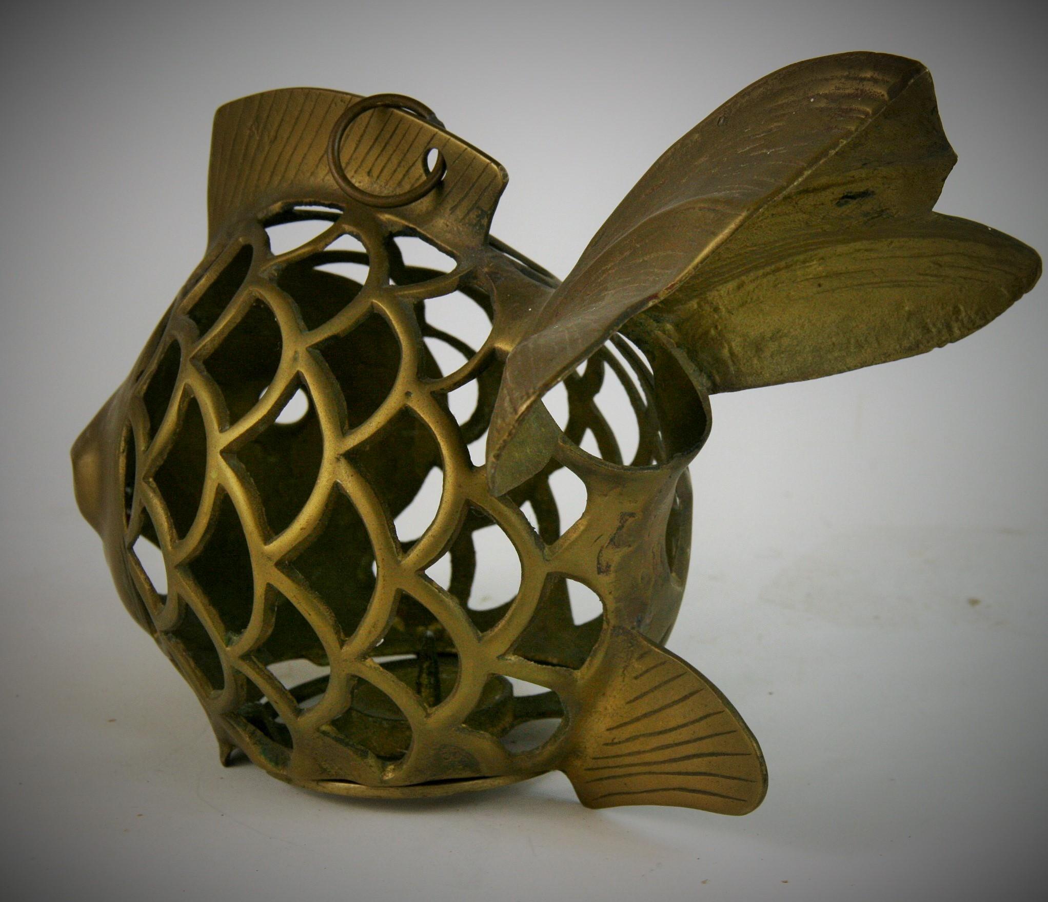Japanese Koi Fish Brass Garden Candle tea Lantern Sculpture In Good Condition In Douglas Manor, NY