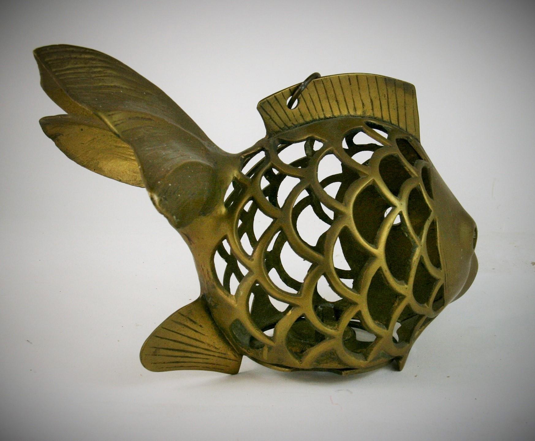 Mid-20th Century Japanese Koi Fish Brass Garden Candle tea Lantern Sculpture