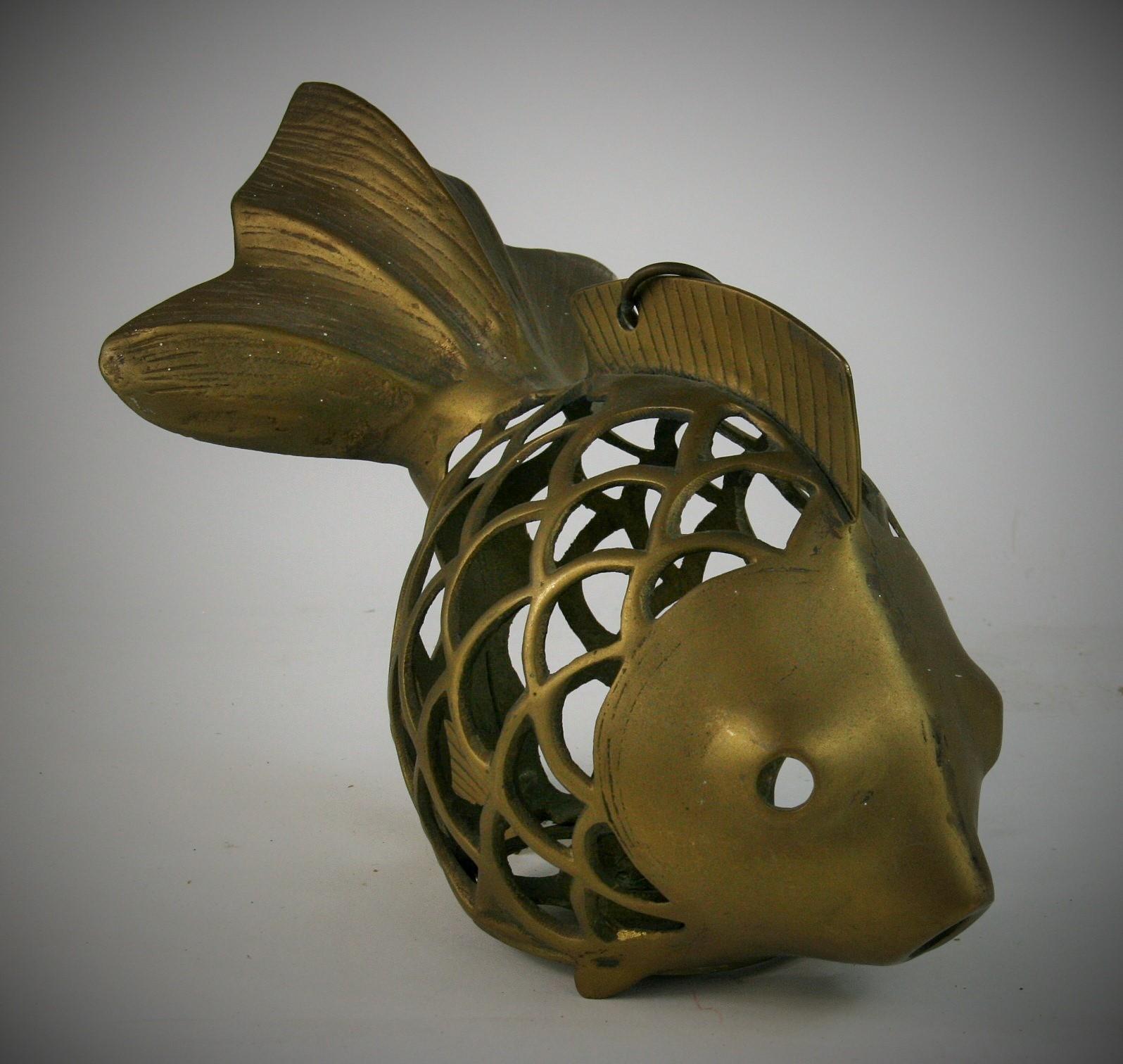 Japanese Koi Fish Brass Garden Candle tea Lantern Sculpture 1