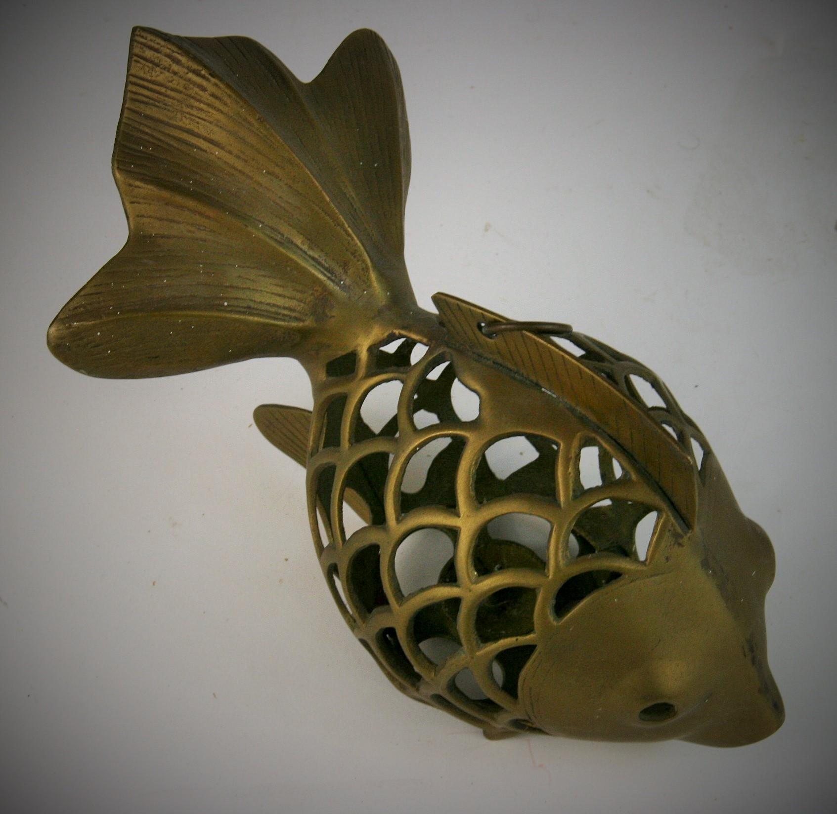 Japanese Koi Fish Brass Garden Candle Tea Lantern Sculpture(2 available) 2