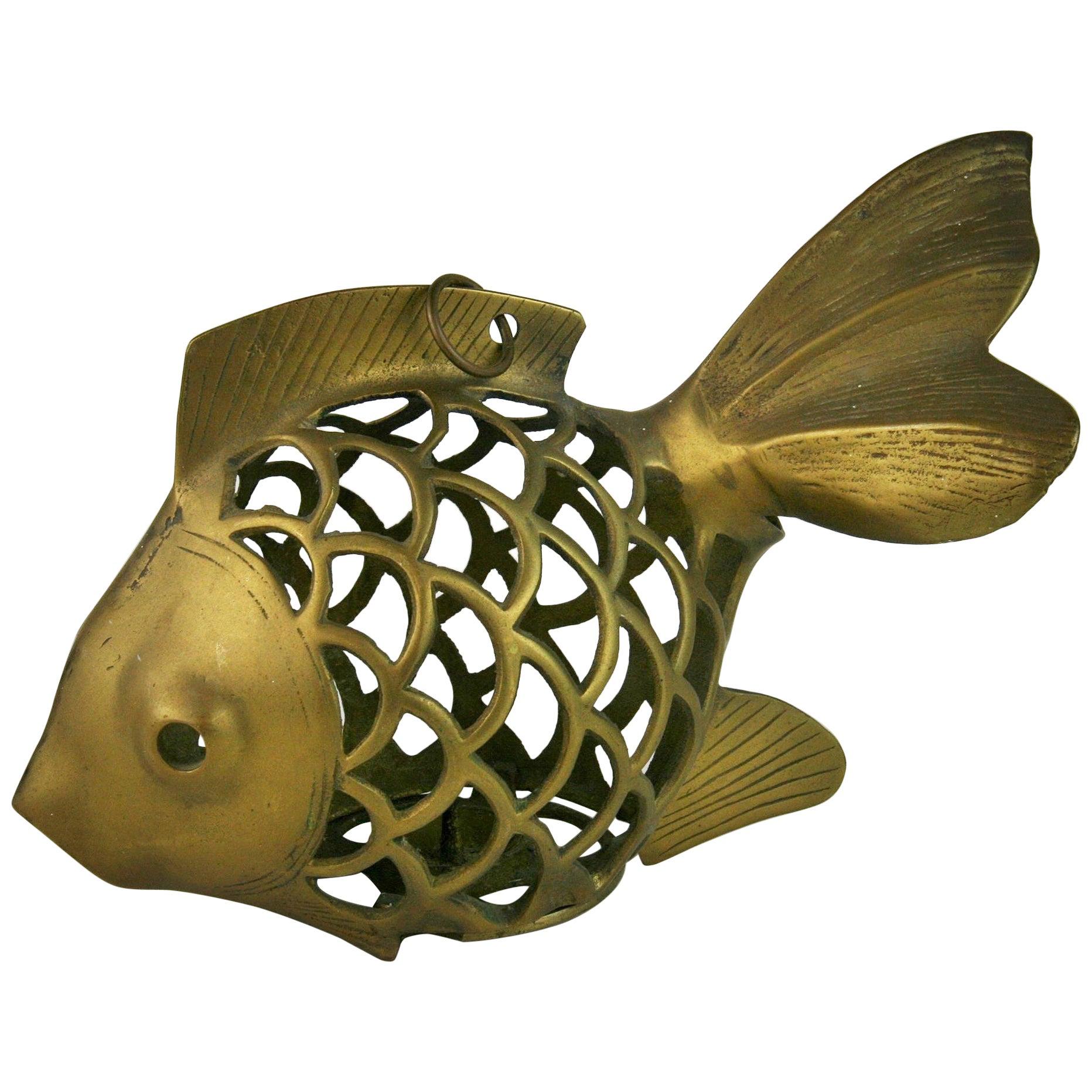 Japanese Koi Fish Brass Garden Candle Tea Lantern Sculpture(2 available)