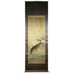 Japanese "Koi & Lily Pads" Silk Scroll, Hand Painted, Mint Condition