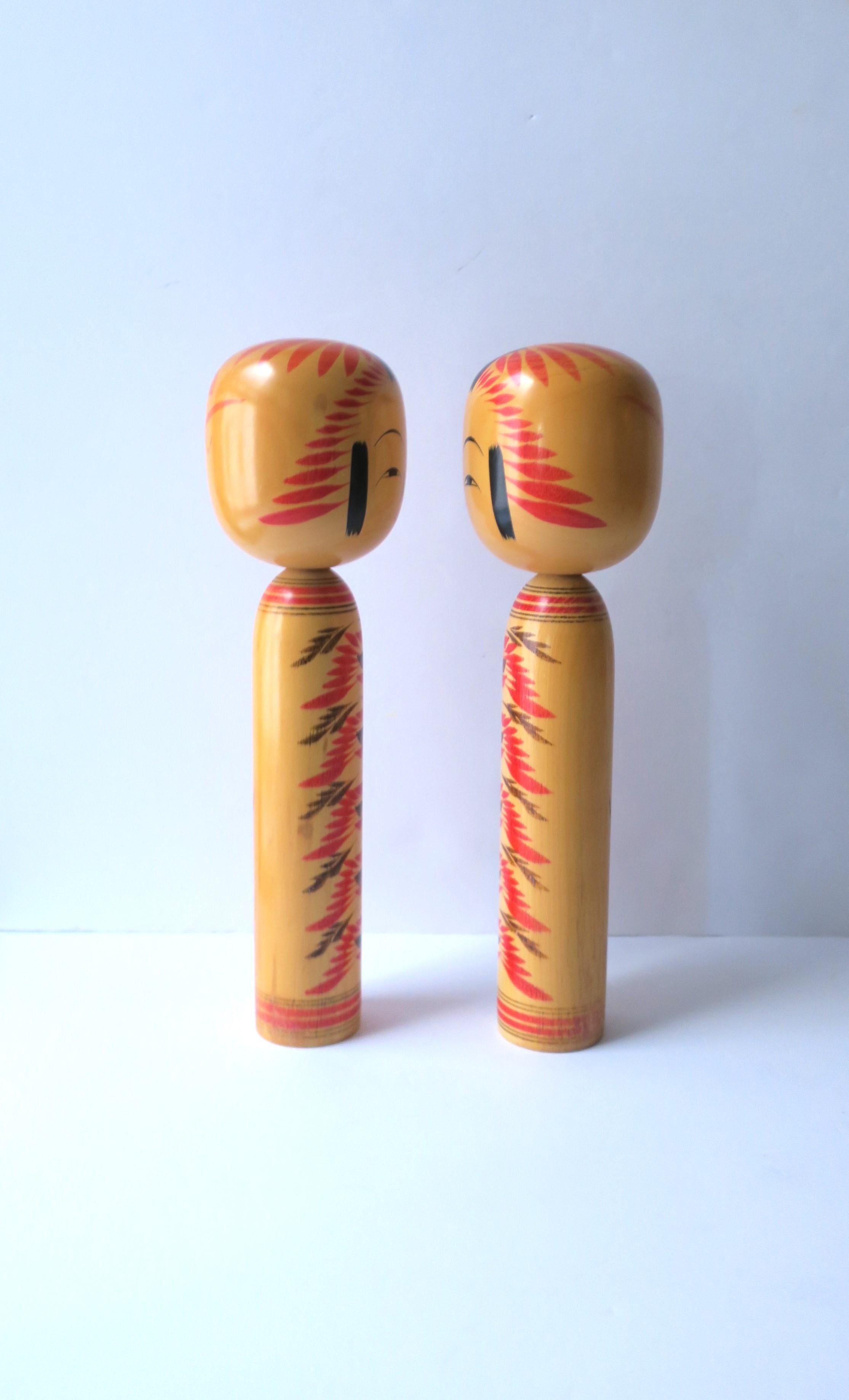 Japanese Kokeshi Wood Dolls, Signed, Pair For Sale 4