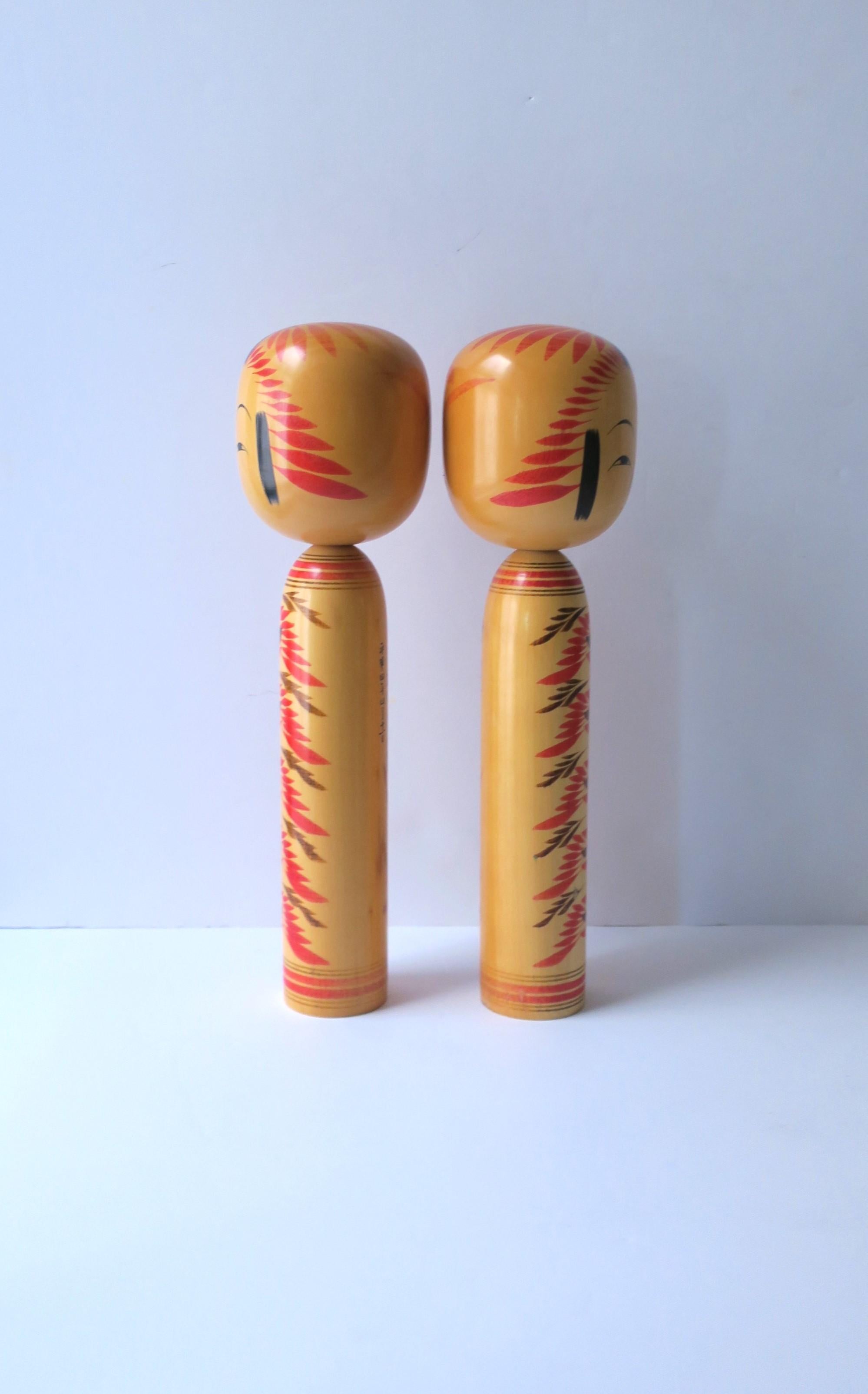 Japanese Kokeshi Wood Dolls, Signed, Pair For Sale 5