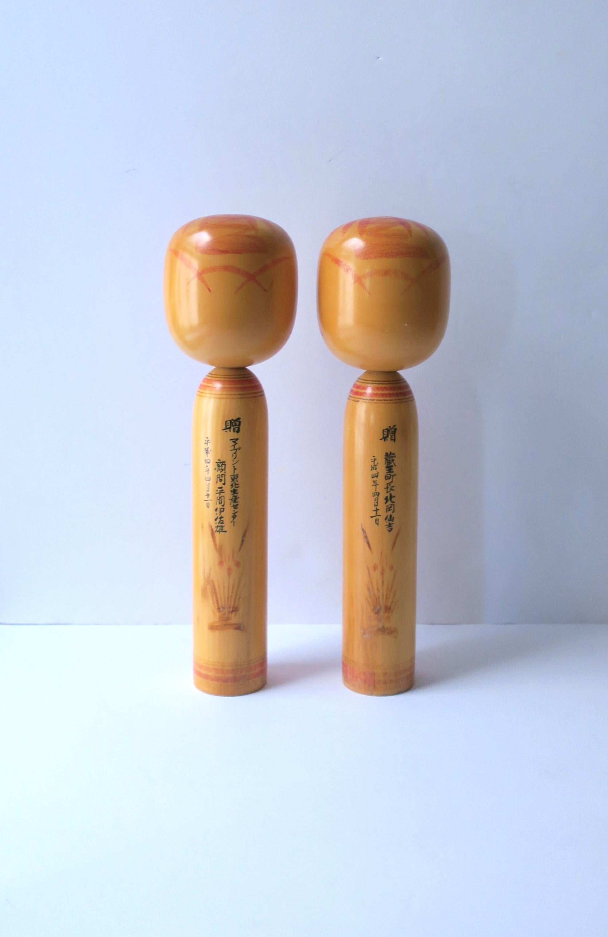 Japanese Kokeshi Wood Dolls, Signed, Pair For Sale 7