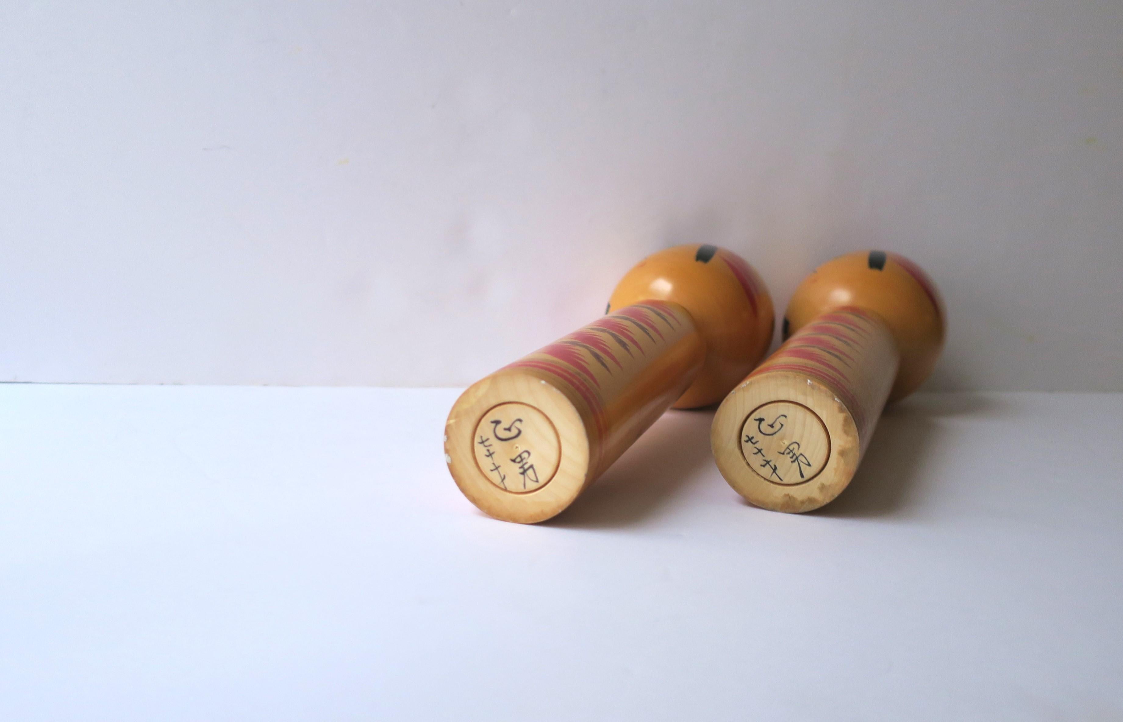 Japanese Kokeshi Wood Dolls, Signed, Pair For Sale 8
