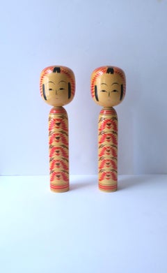 Japanese Kokeshi Wood Dolls, Signed, Pair