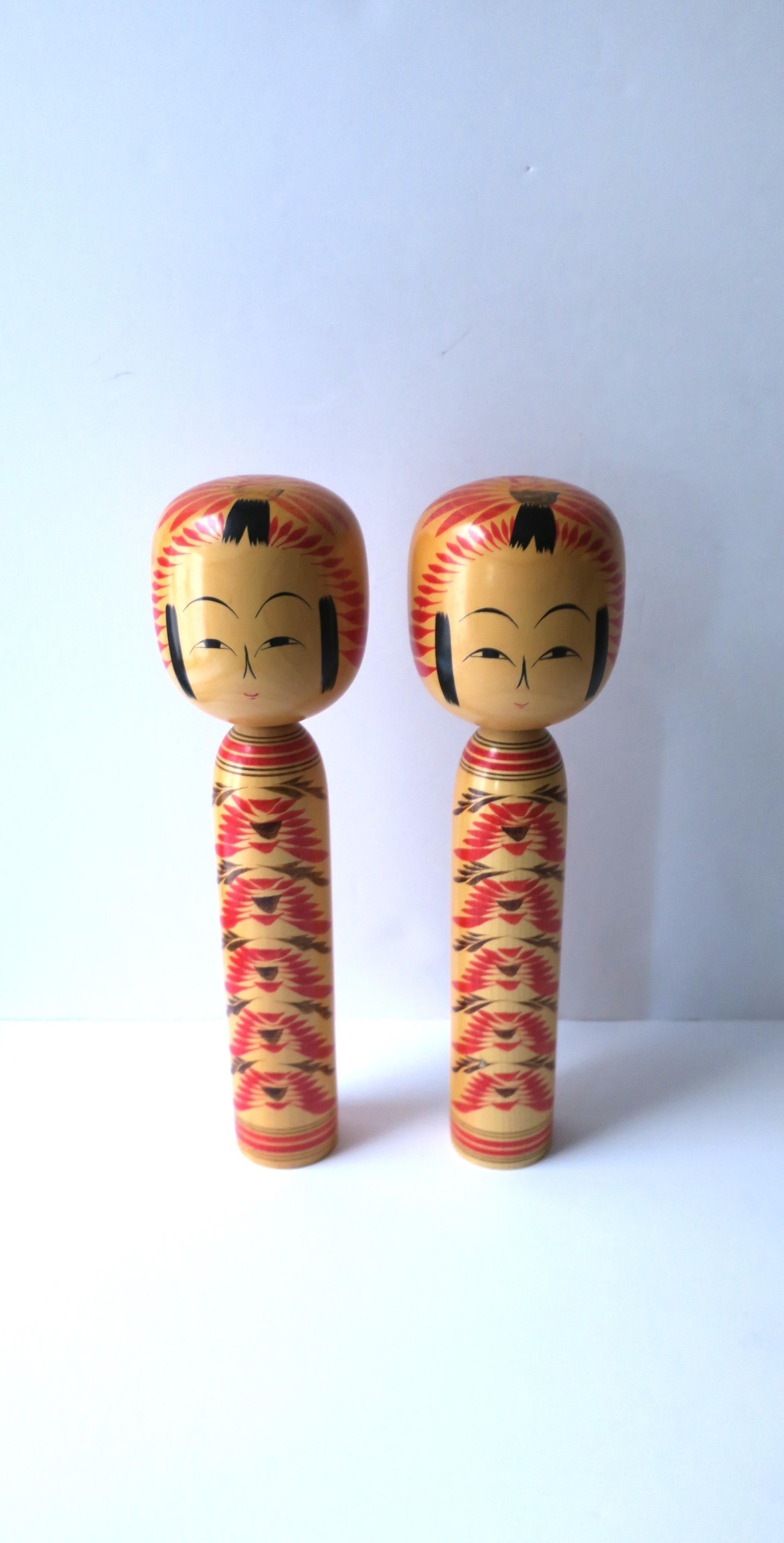 20th Century Japanese Kokeshi Wood Dolls, Signed, Pair For Sale