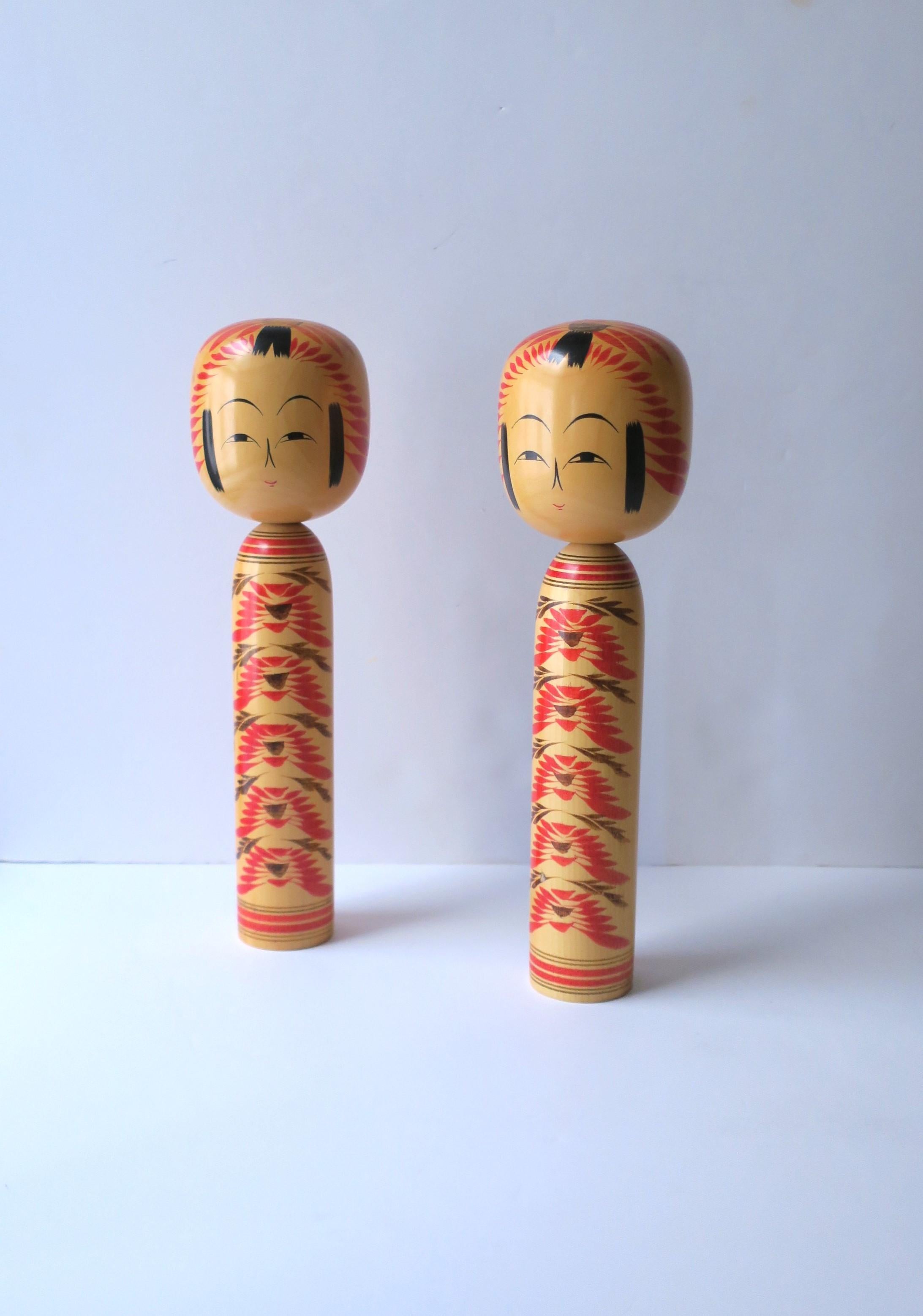 Japanese Kokeshi Wood Dolls, Signed, Pair For Sale 1