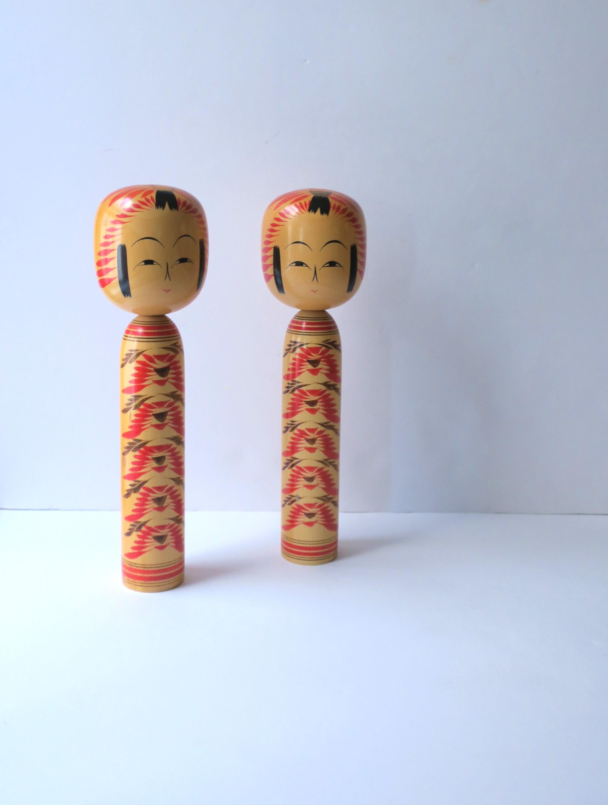 Japanese Kokeshi Wood Dolls, Signed, Pair For Sale 2