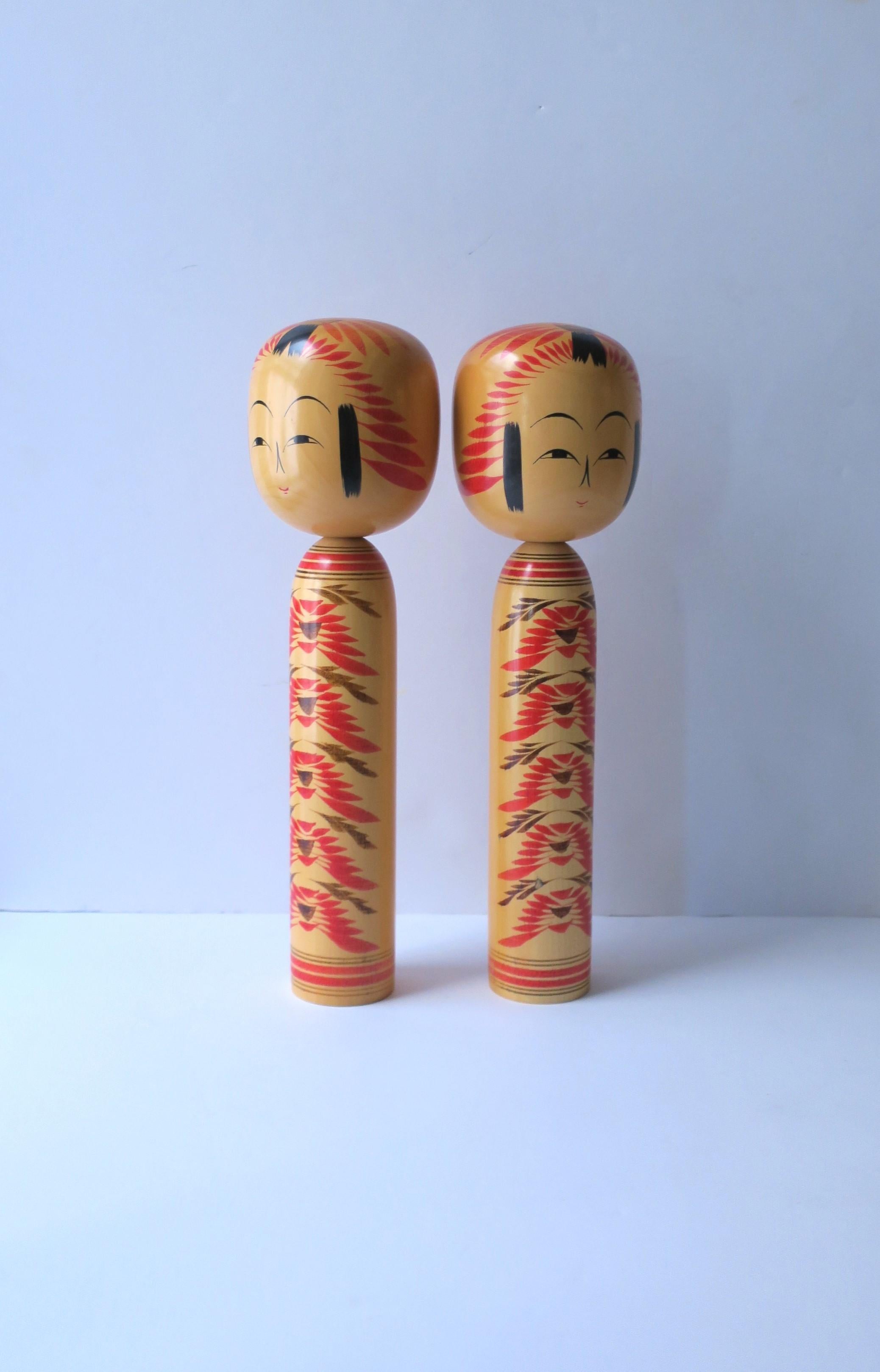 Japanese Kokeshi Wood Dolls, Signed, Pair For Sale 3