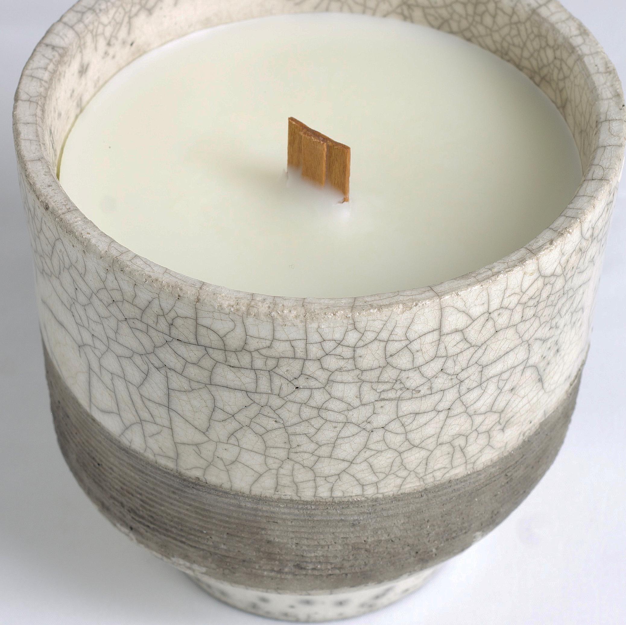 Hand-Crafted Japanese Komorebi Scented Candle Cup Black Band Raku Crackle For Sale