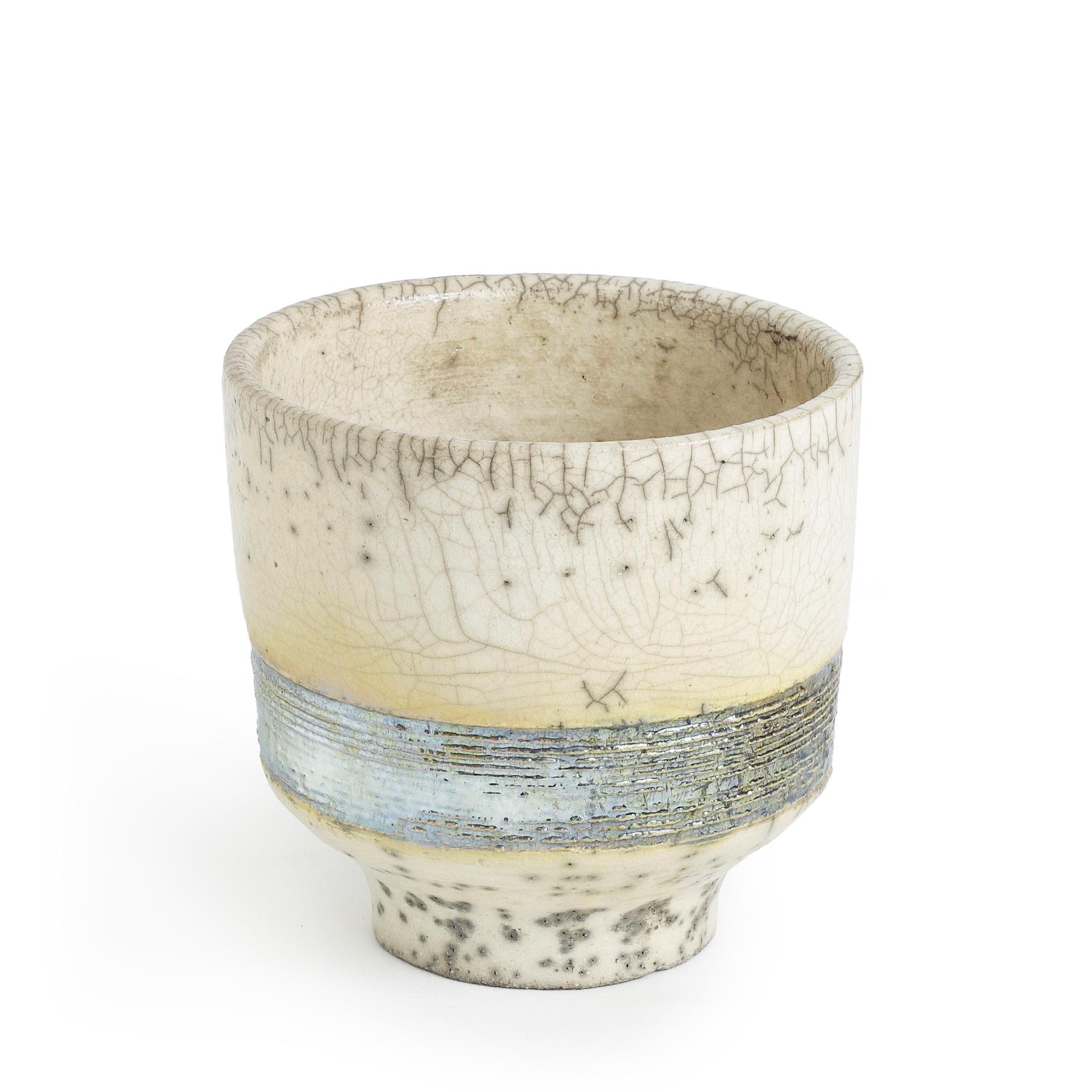 Hand-Crafted Japanese Komorebi Scented Candle Cup Silver Band Raku Crackle For Sale