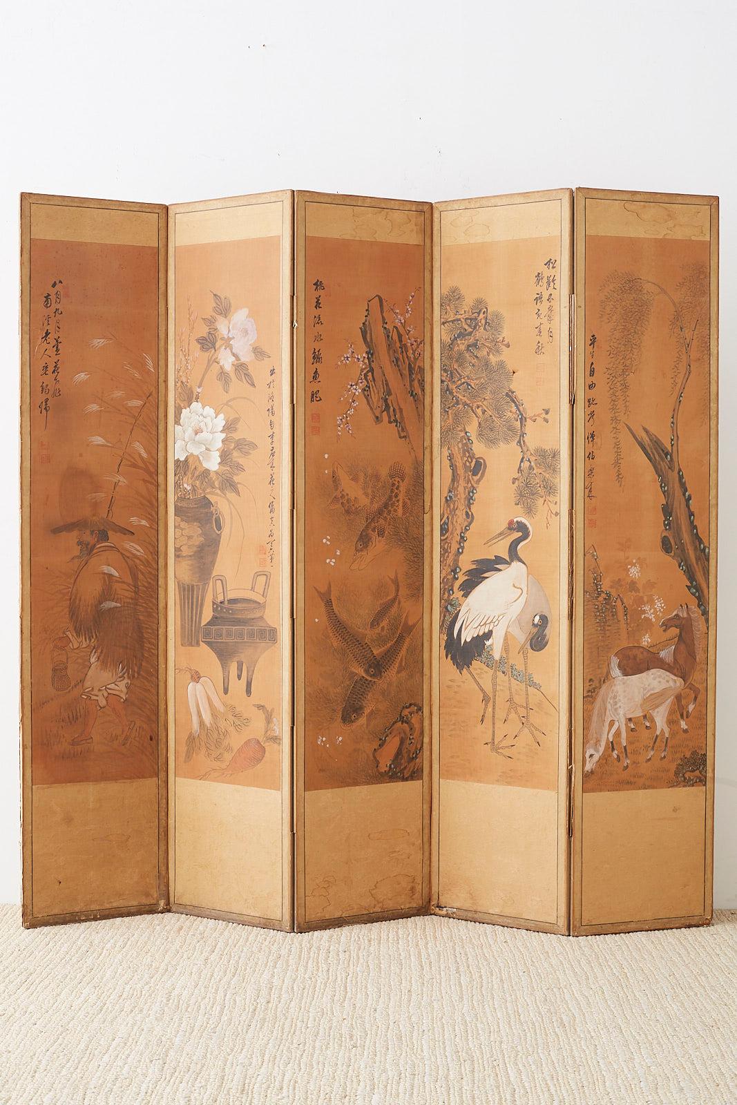 Japanese Korean Meiji Period Five-Panel Screen 12