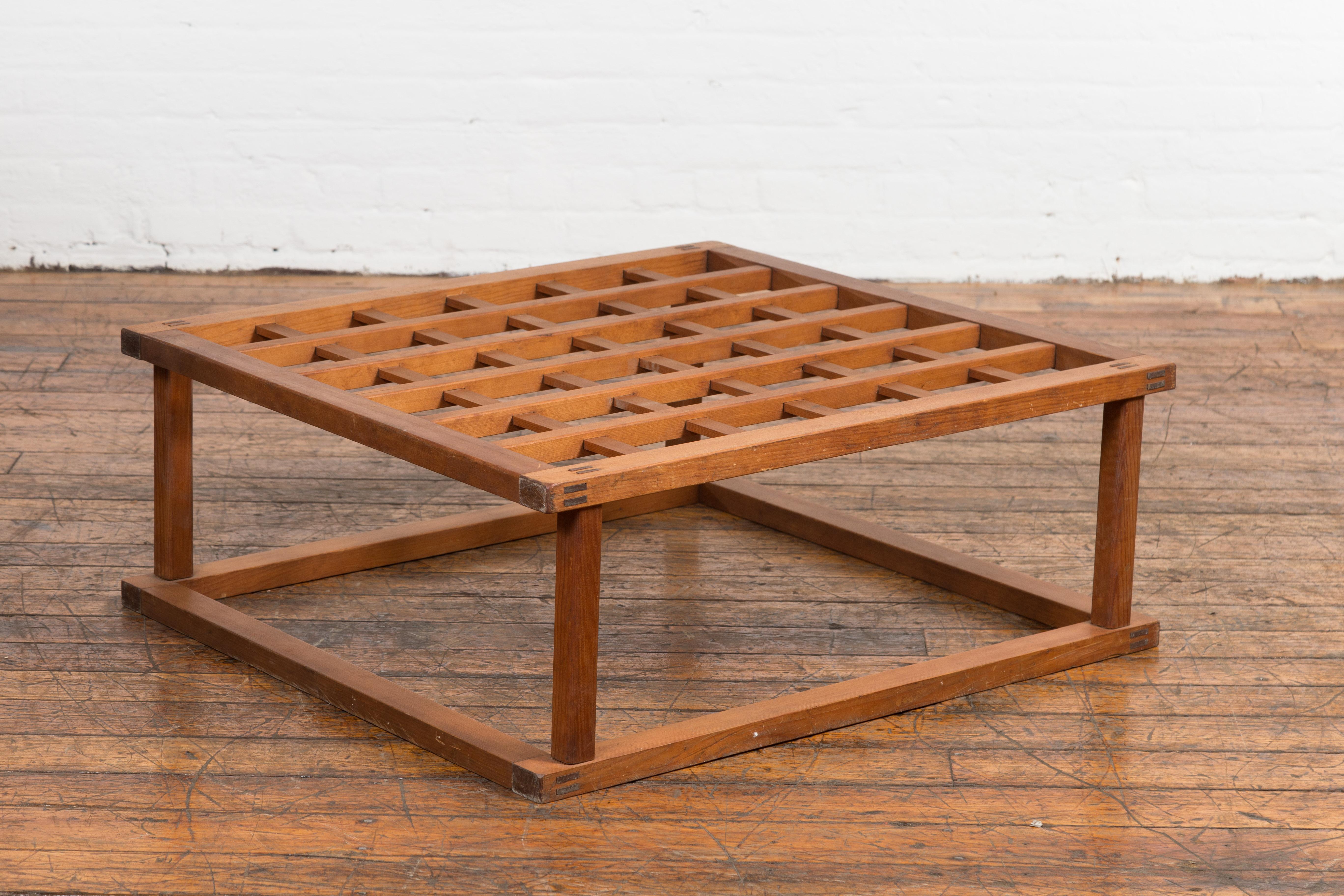 Japanese Kotatsu Hinoki Wood Minimalist Coffee Table with Openwork Top