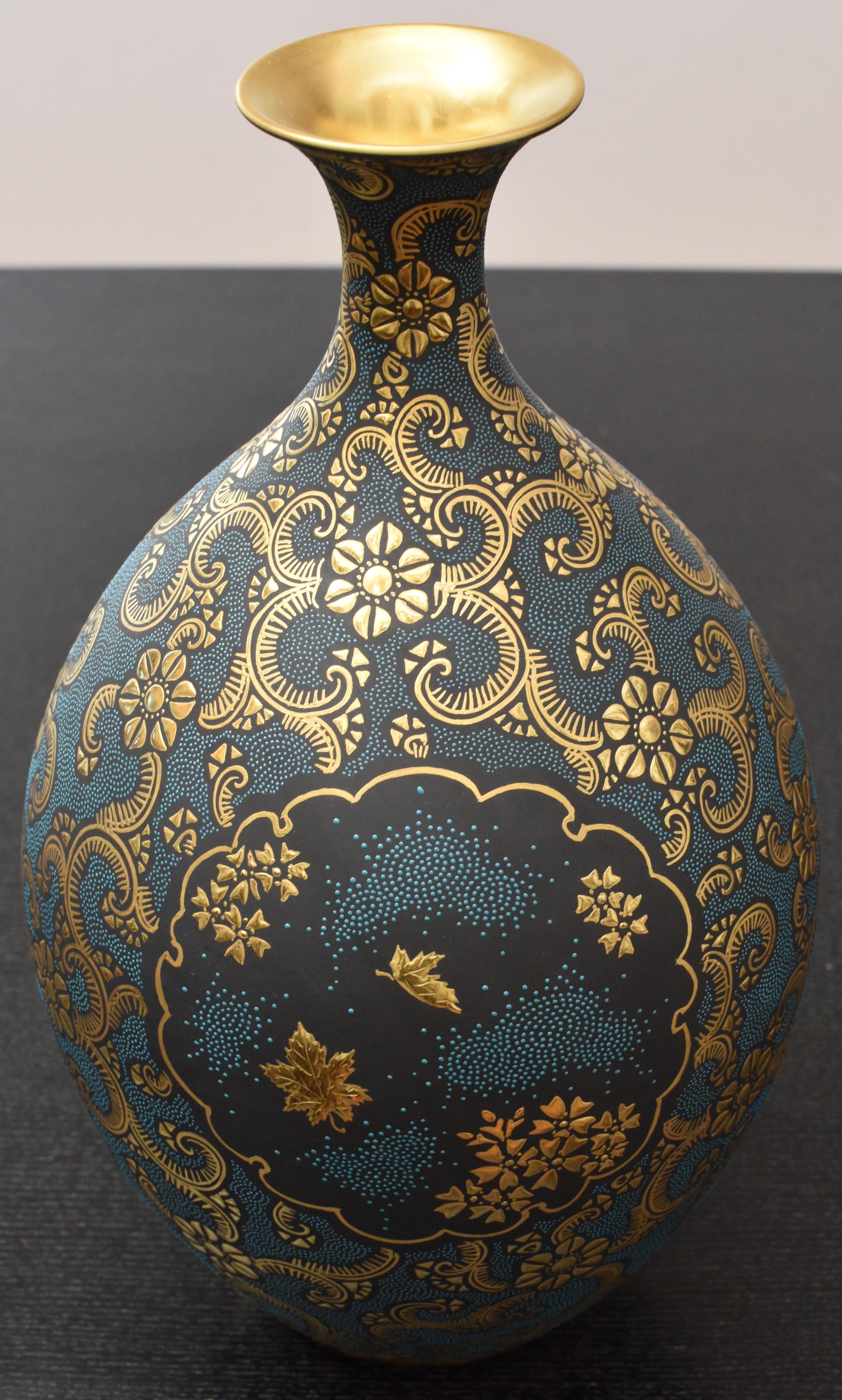 Gilt Japanese Kutani Blue Pure Gold Porcelain Vase by Master Artist