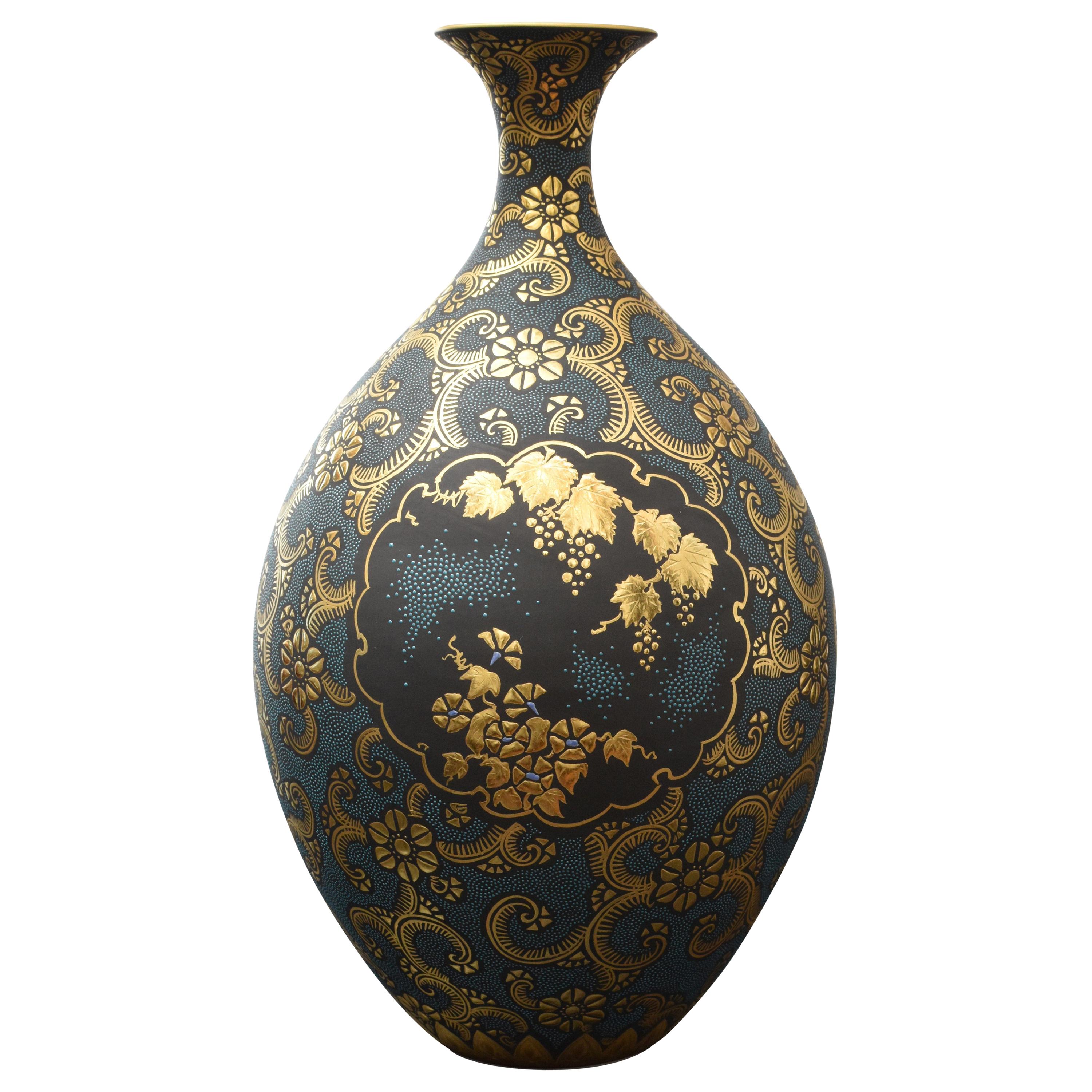 Japanese Kutani Blue Pure Gold Porcelain Vase by Master Artist at